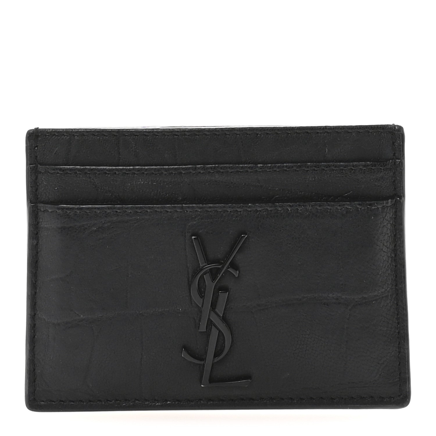 Calfskin Crocodile Embossed Monogram Credit Card Case Black