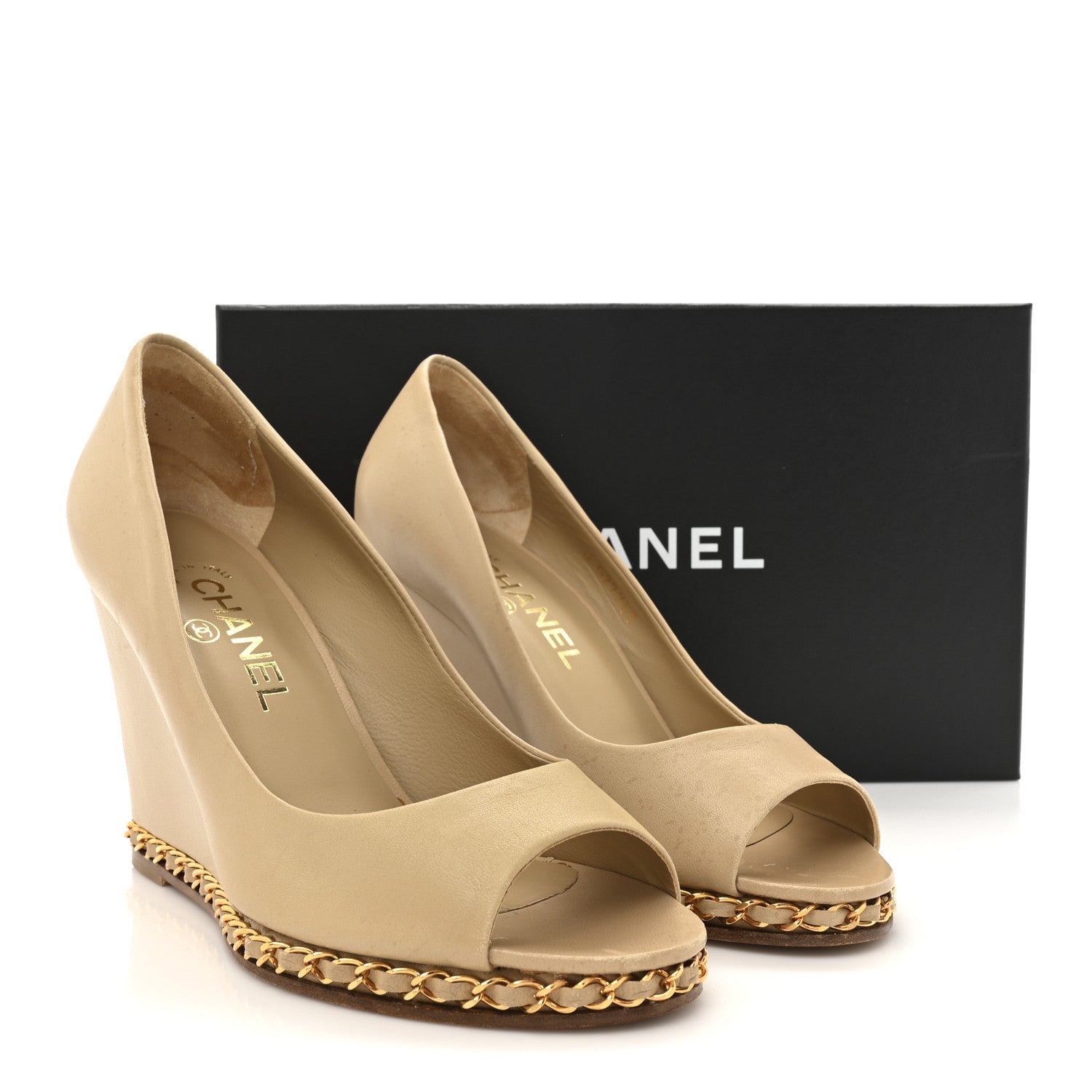 Calfskin Chain Peep Toe Wedge Pumps 39 Beige