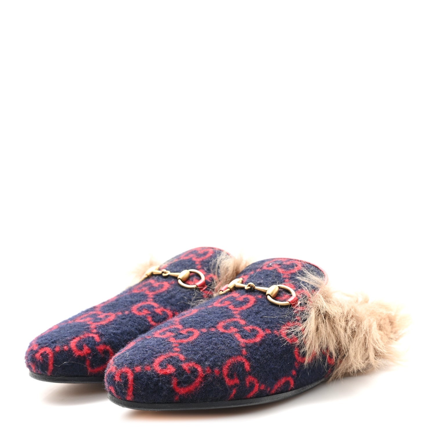 Covered Wool Big GG Monogram Fur Womens Princetown Slippers 36 Blue Red Butterscotch