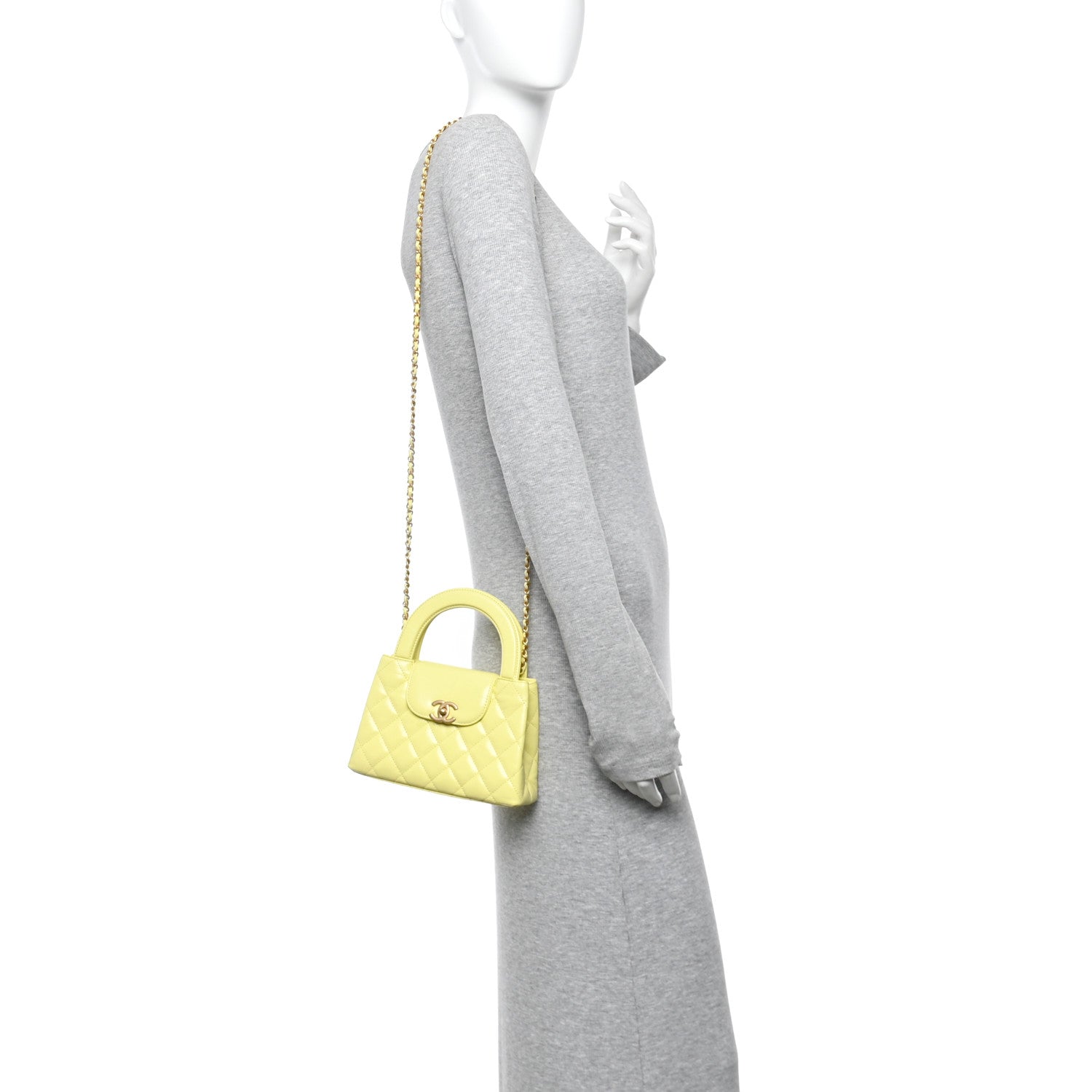 Shiny Aged Calfskin Quilted Nano Kelly Shopper Light Yellow