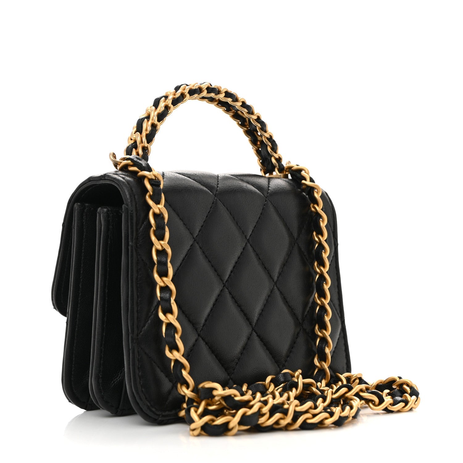 Lambskin Quilted Chain Top Handle Clutch With Chain Black