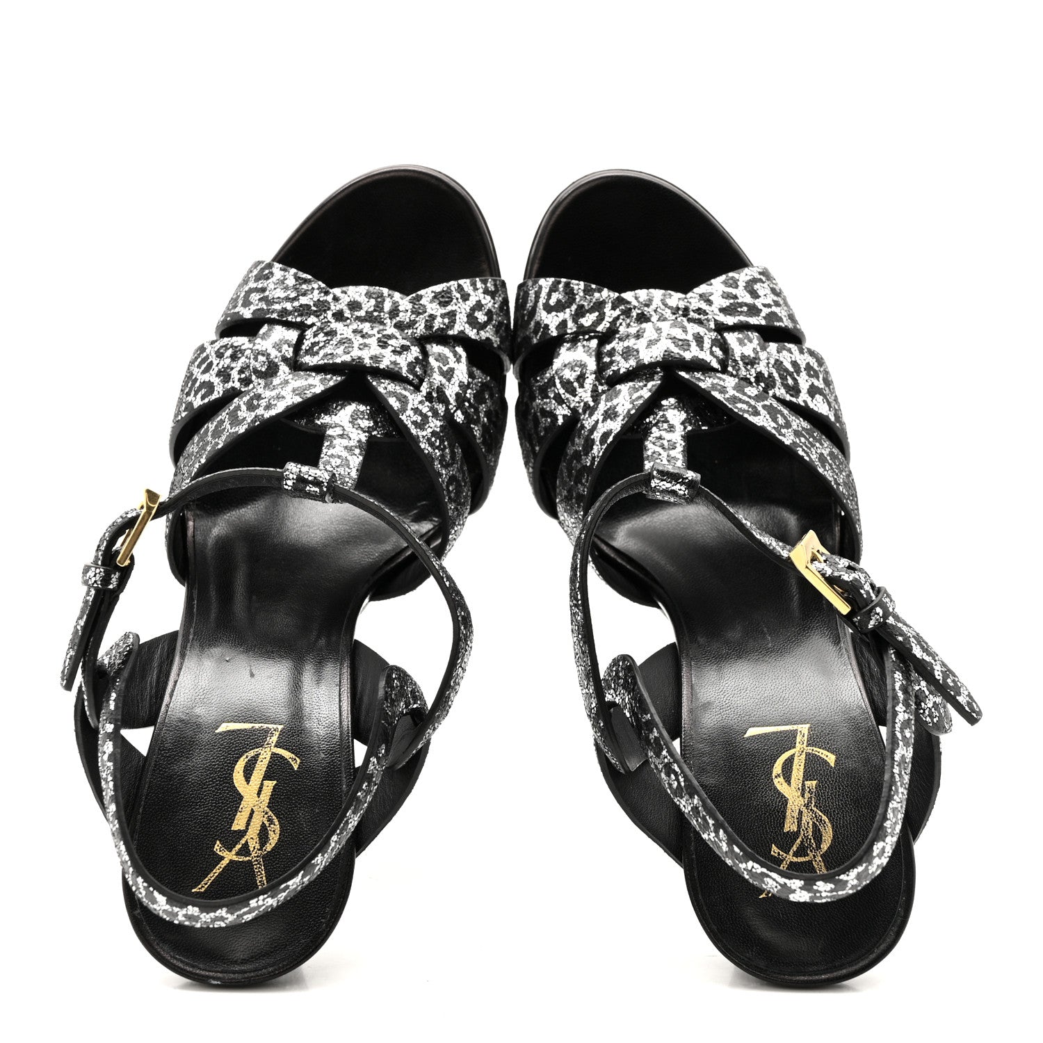 Metallic Calfskin Leopard Print Tribute 105 Platform Sandals 38  Black Silver