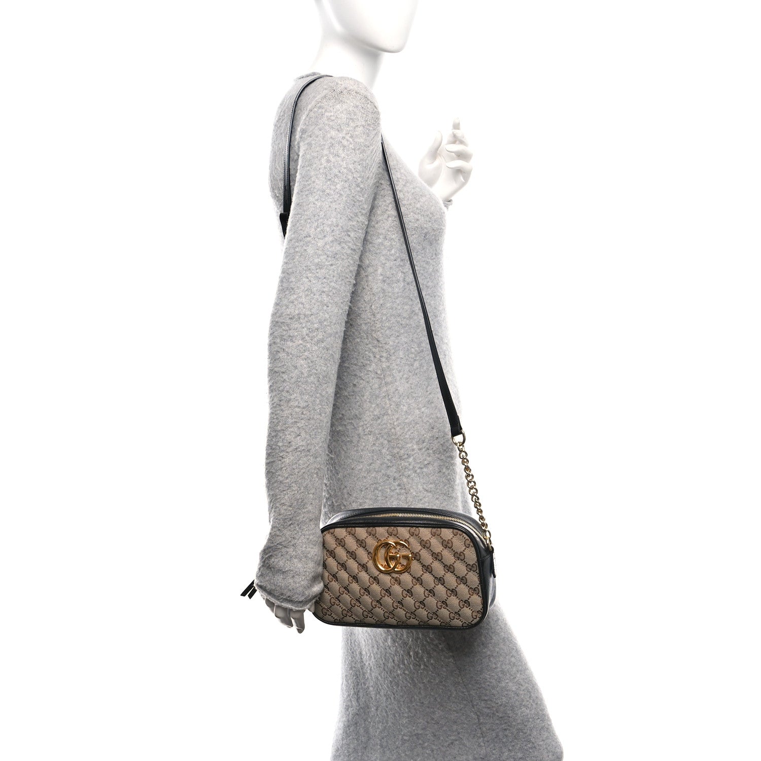 Monogram Matelasse Diagonal Small GG Marmont Chain Shoulder Bag Beige Black