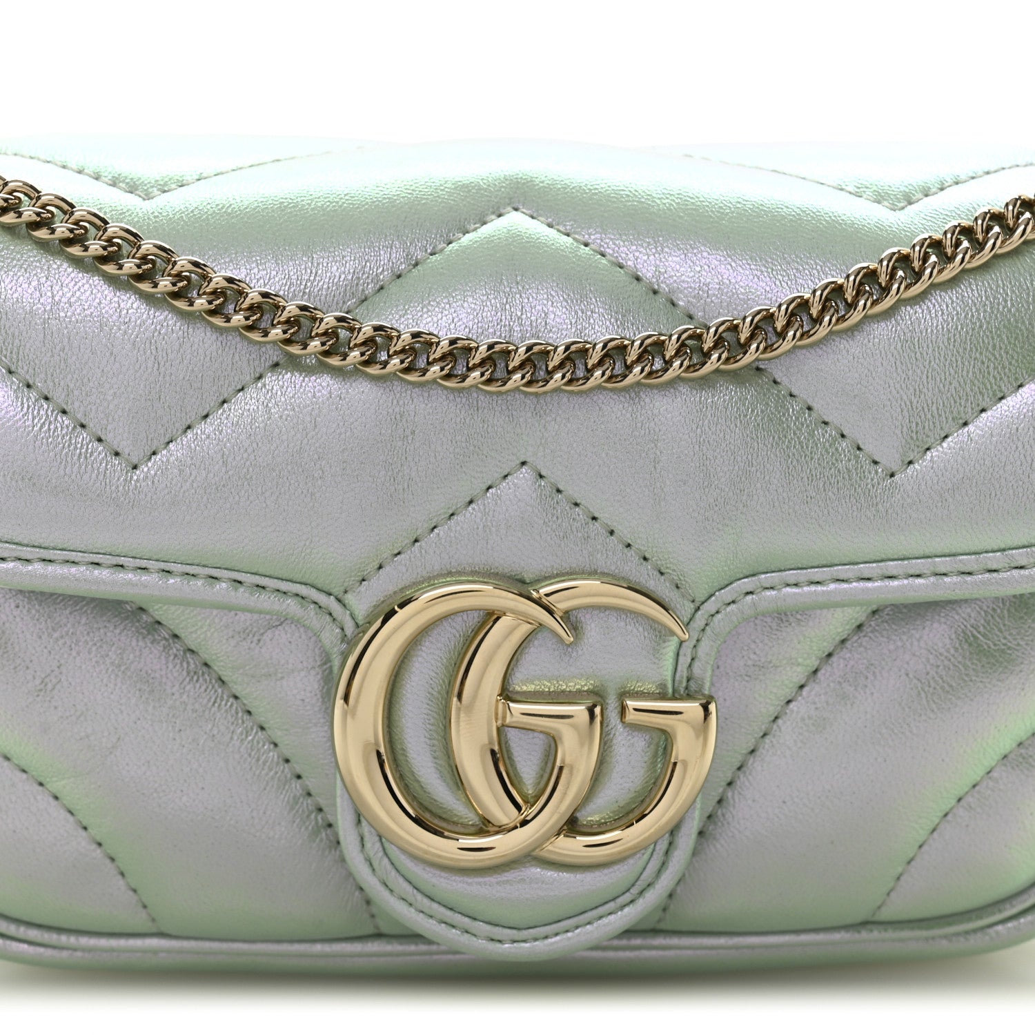 Iridescent Nappa Chevron Matelasse Super Mini GG Marmont Shoulder Bag Iridescent Snow Light Blue