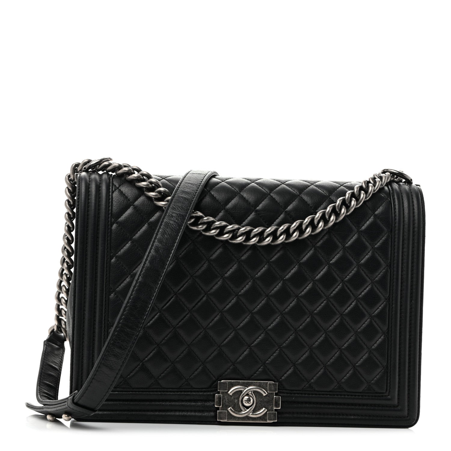 Calfskin Quilted Large Boy Flap Black