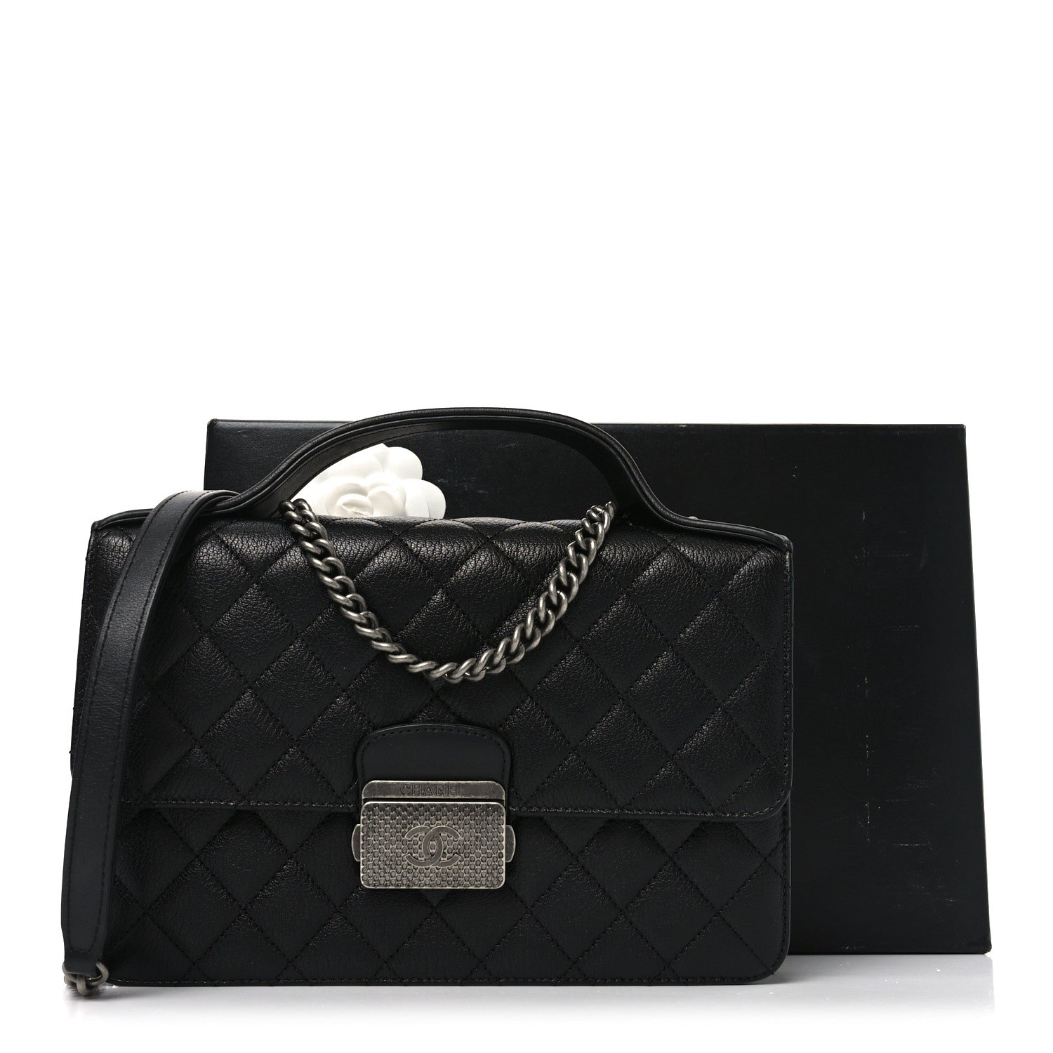 Goatskin Quilted Small CC University Top Handle Flap Black