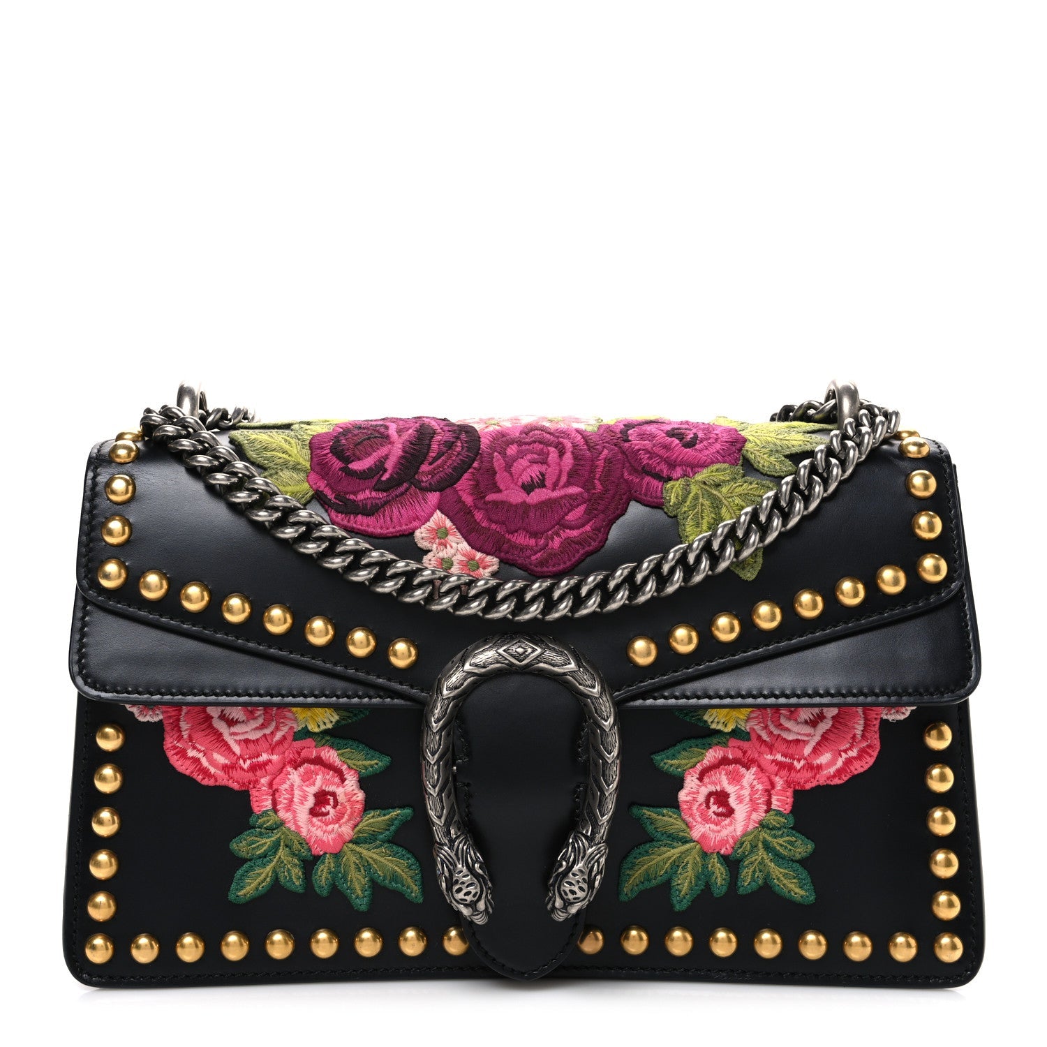 Calfskin Floral Embroidered Studded Small Dionysus Shoulder Bag Black