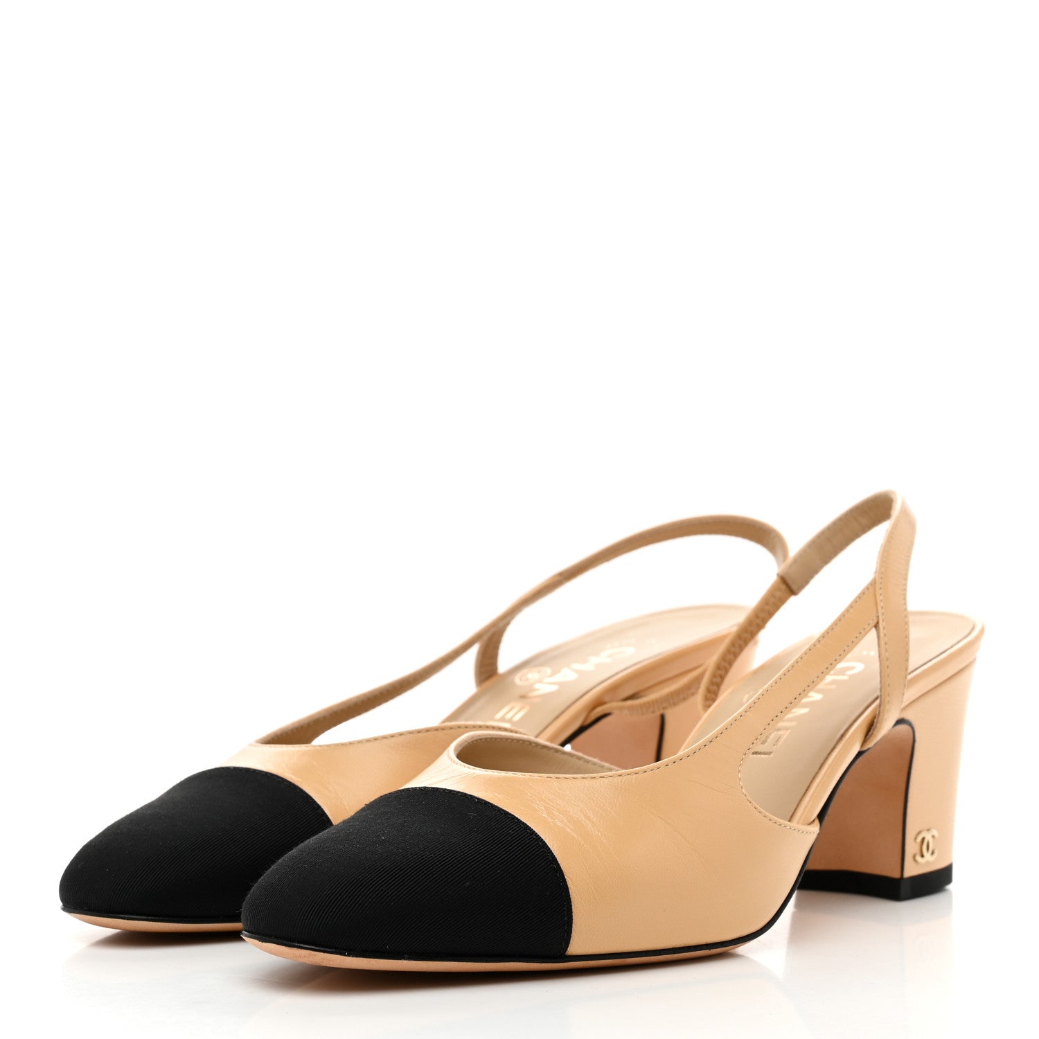 Goatskin Grosgrain Cap Toe CC Slingback Pumps 36.5 Beige Black