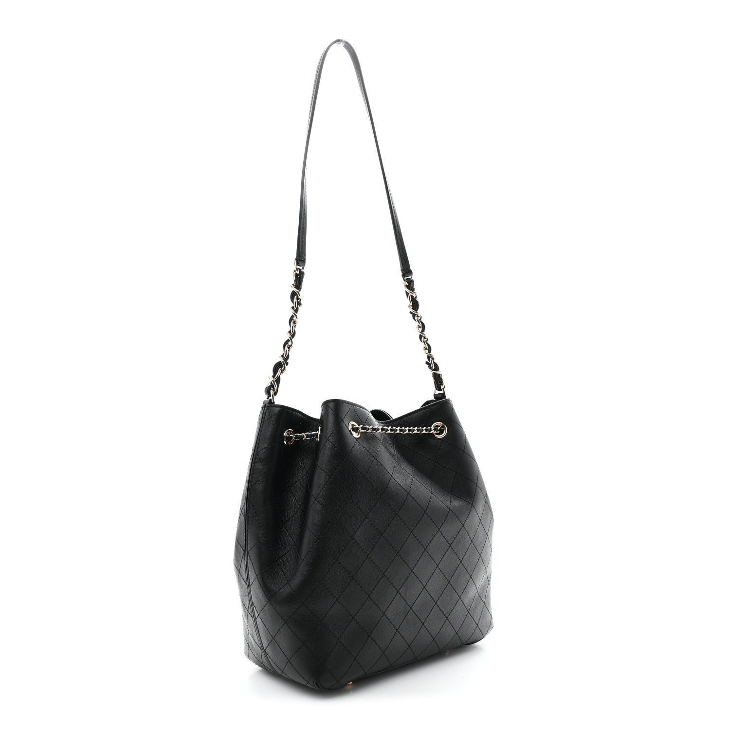 Calfskin Stitched Drawstring Bag Black