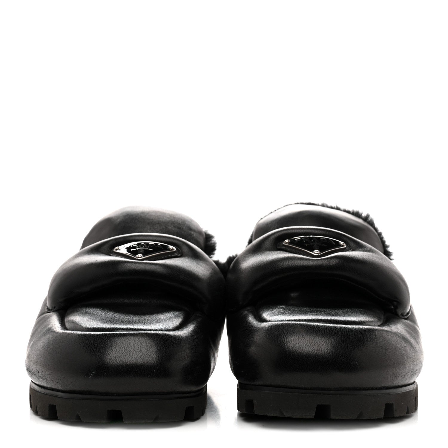 Nappa Shearling Soft Padded Metal Triangle Logo Lug Sole 20mm Mules 38 Black