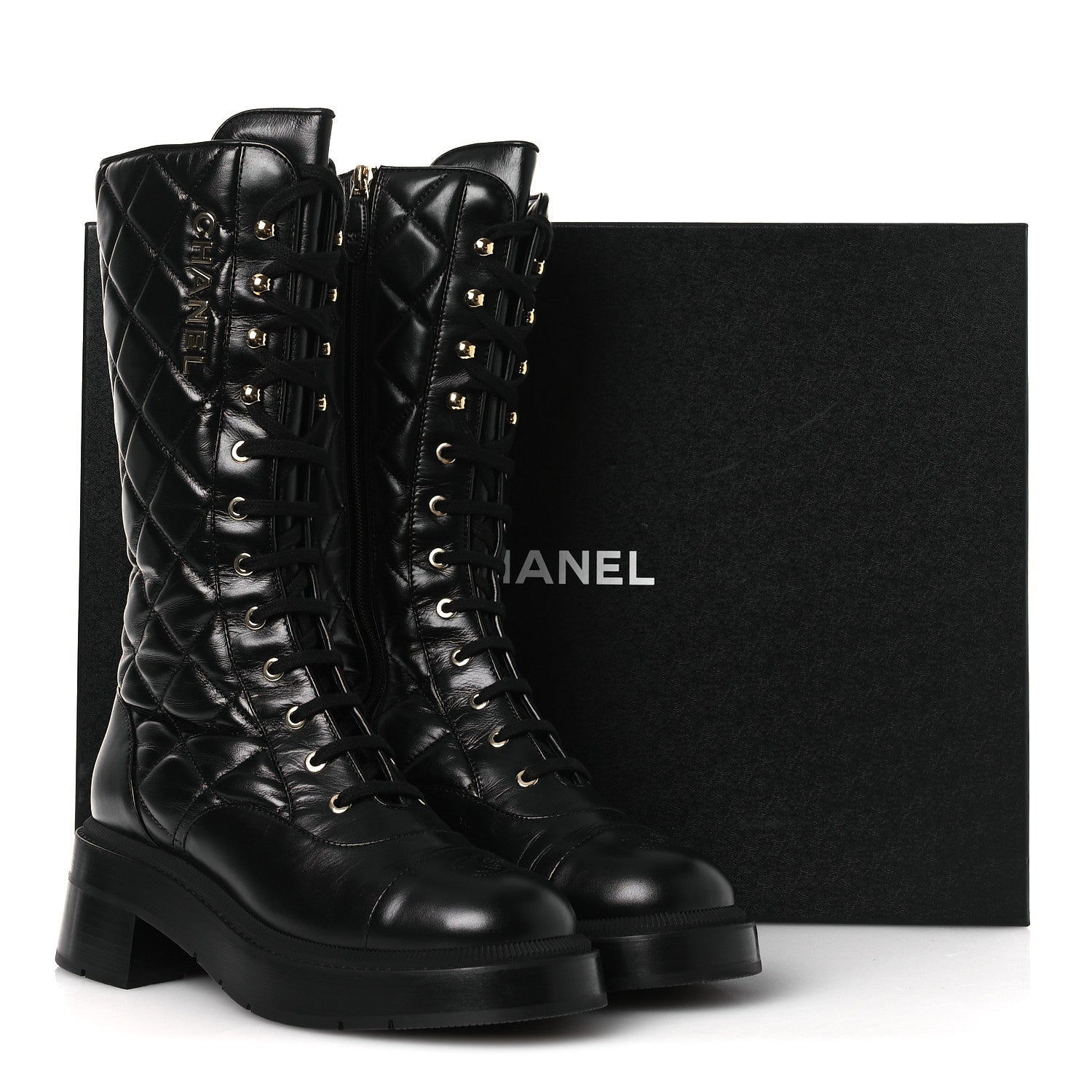 Calfskin Quilted Logo Lace Up Tall Combat Boots 39 Black