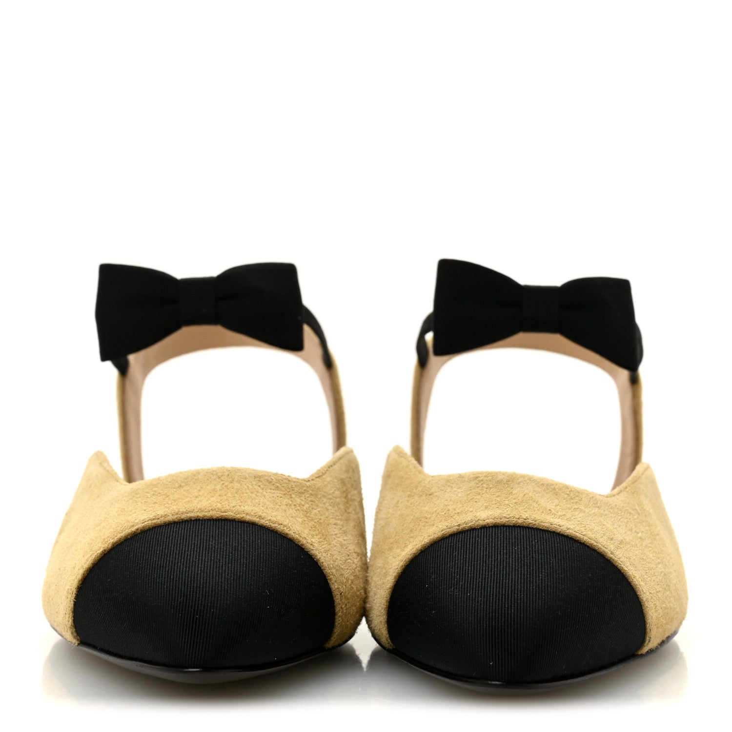 Suede Grosgrain Bow Cap Toe CC Slingback Flats 38 Beige Black