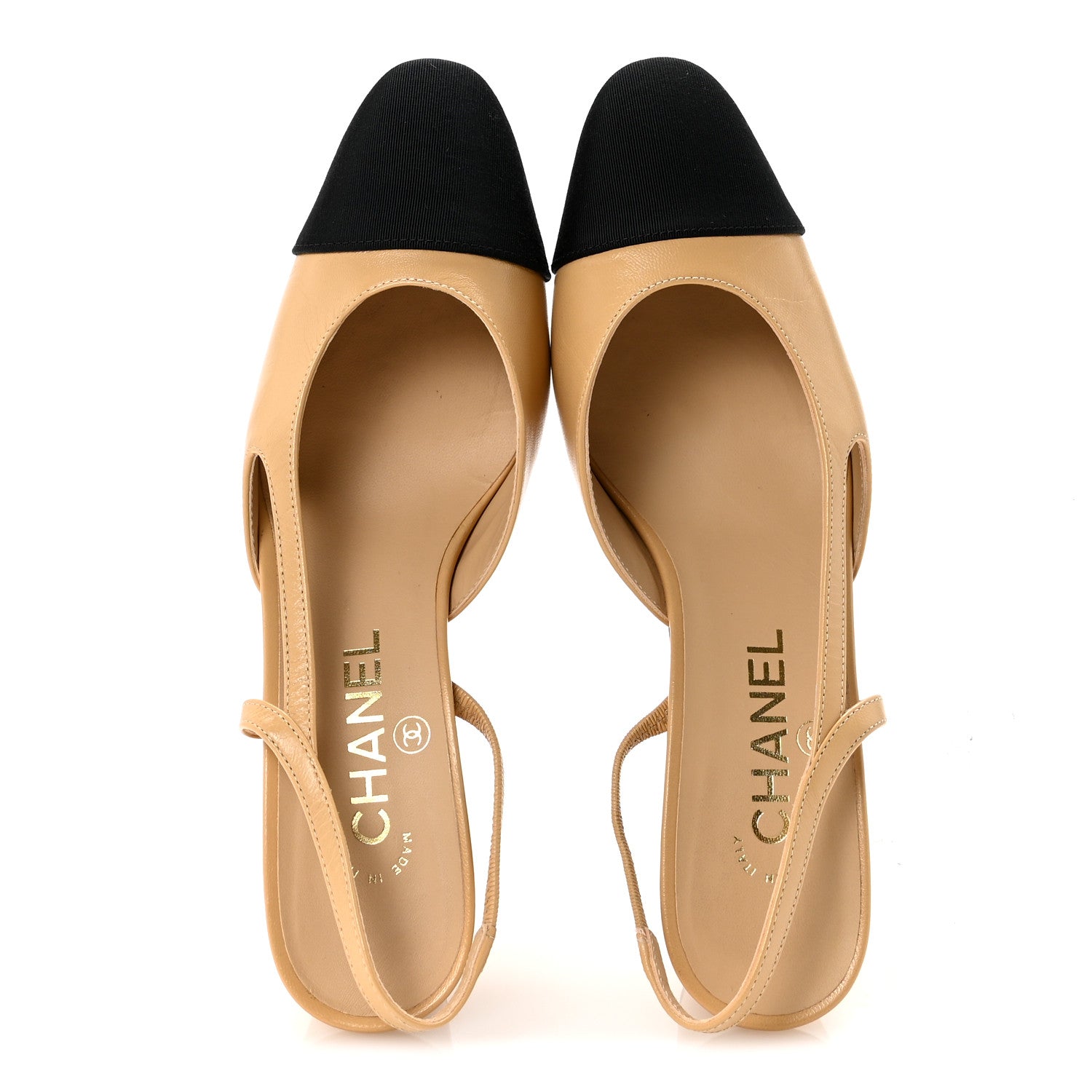 Goatskin Grosgrain Cap Toe CC Slingback Pumps 37.5 Beige Black