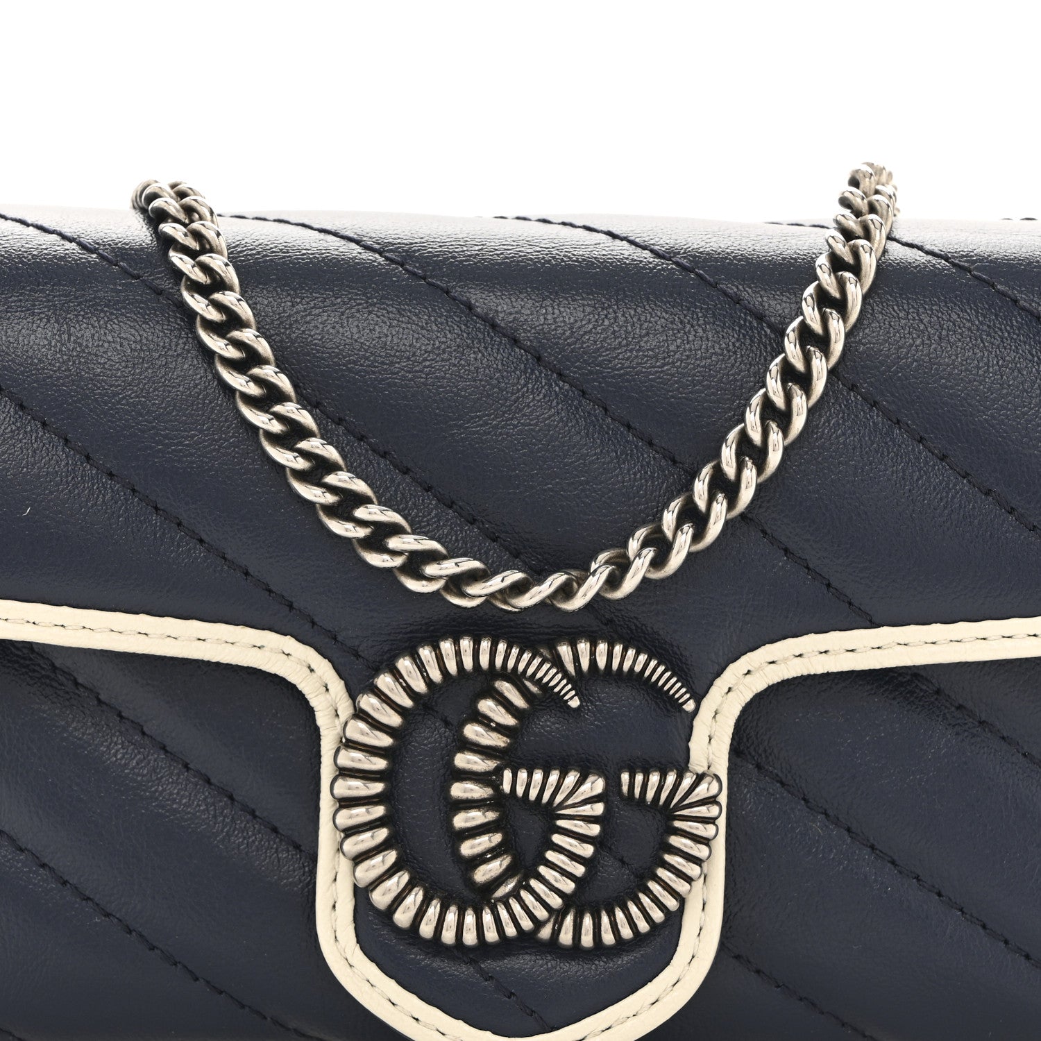 Vintage Effect Calfskin Matelasse Diagonal Super Mini Torchon GG Marmont Shoulder Bag Blue Agata Mystic White