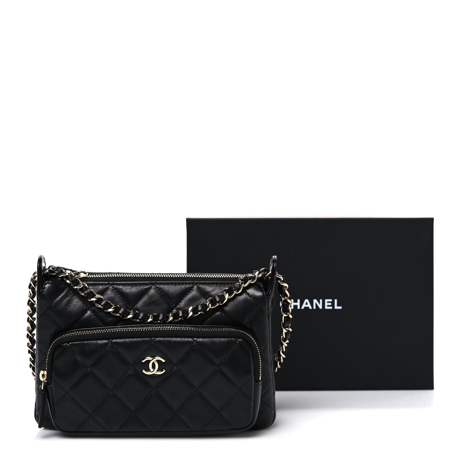Shiny Crumpled Lambskin Quilted Small Preppy Pocket Clutch With Chain Black