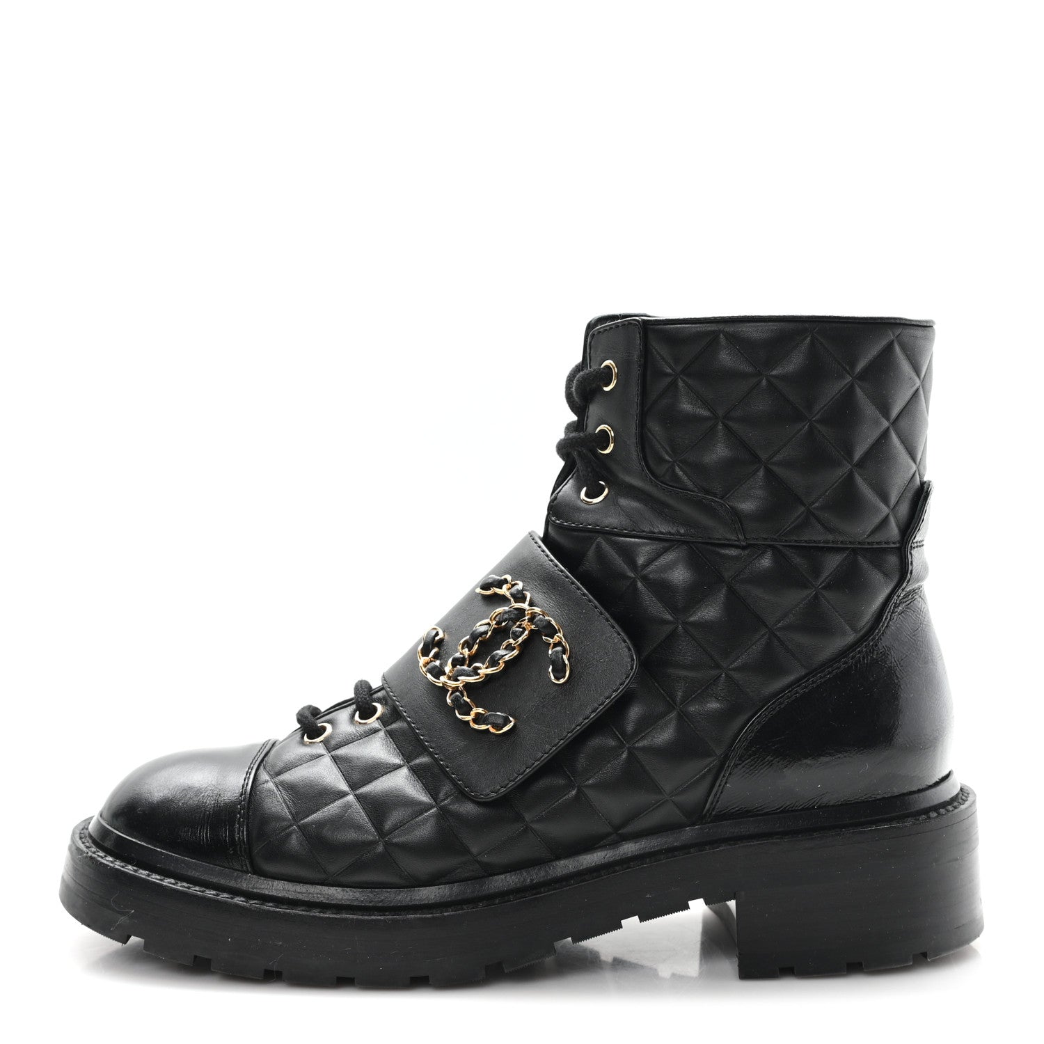 Shiny Calfskin Quilted Lace Up Combat Boots 38.5 Black