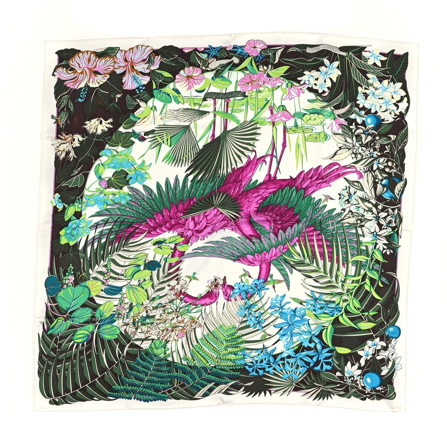 Silk Flamingo Party Shawl 90 White Vert Fuchsia