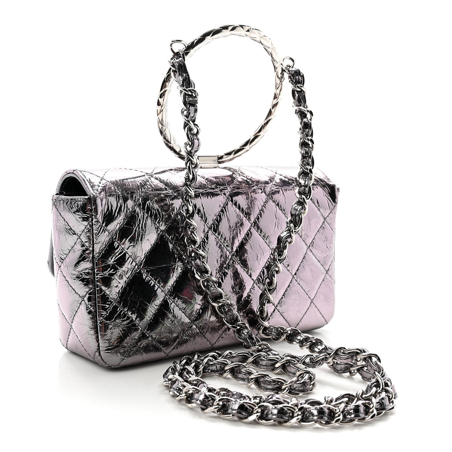 Crumpled Metallic Calfskin Quilted Ring Handle Mini Flap Silver