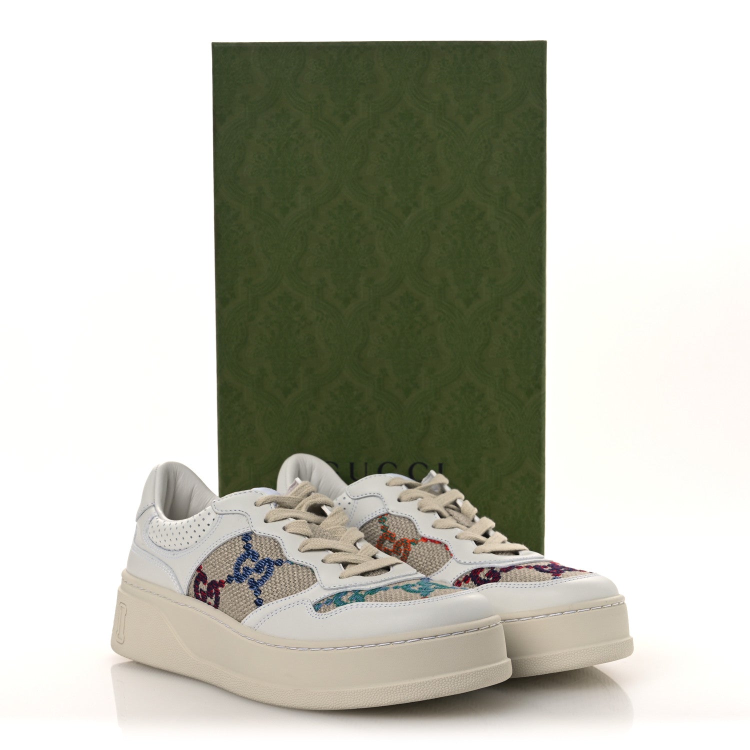 Dali Soft Calfskin GG Tennis Embossed Perforated Womens Platform 55mm Sneakers 38.5 White Multicolor