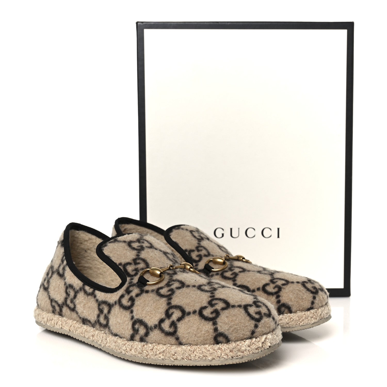 Covered Wool GG Monogram Mens Fria Horsebit Loafers 9 Beige Ebony Black Butterscotch