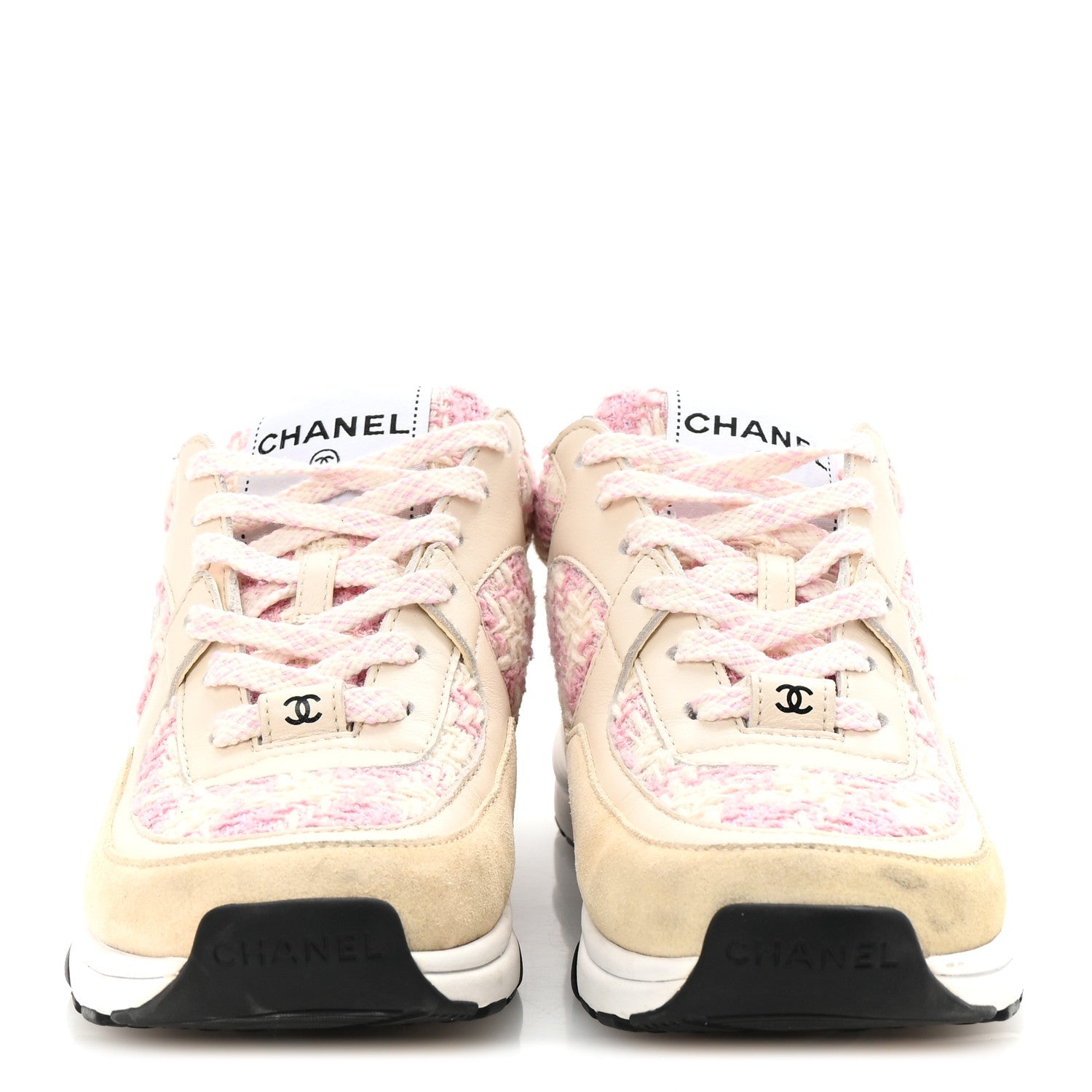 Tweed Suede Calfskin Womens CC Sneakers 35 Pink Ecru