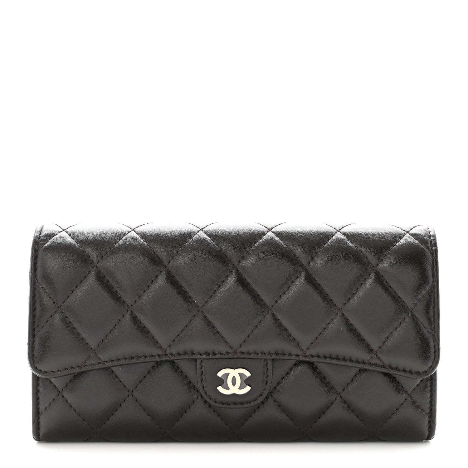 Lambskin Quilted Large Gusset Flap Wallet Dark Brown