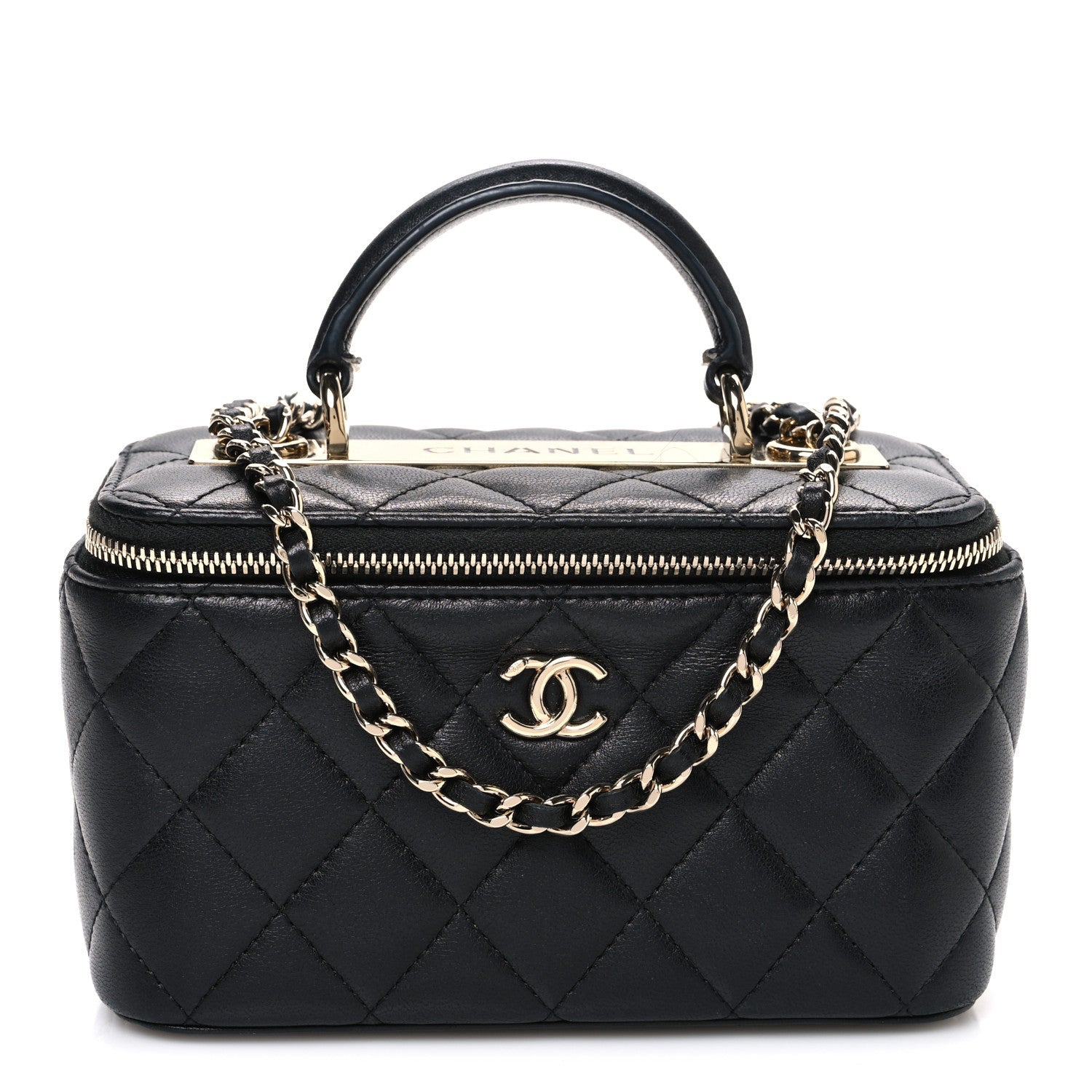 Lambskin Quilted Trendy Small Top Handle Vanity Case With Chain Black