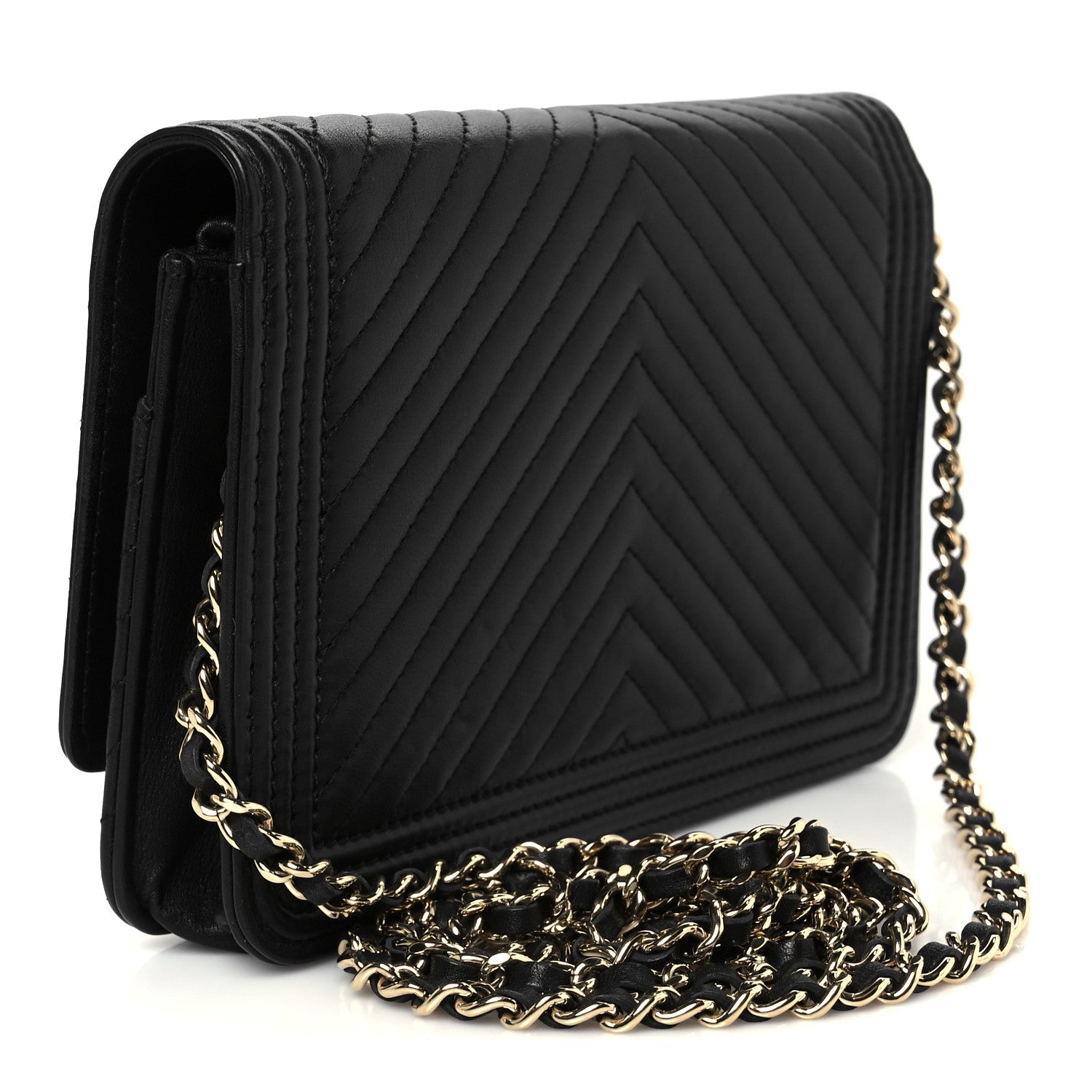 Calfskin Chevron Boy Wallet On Chain WOC Black