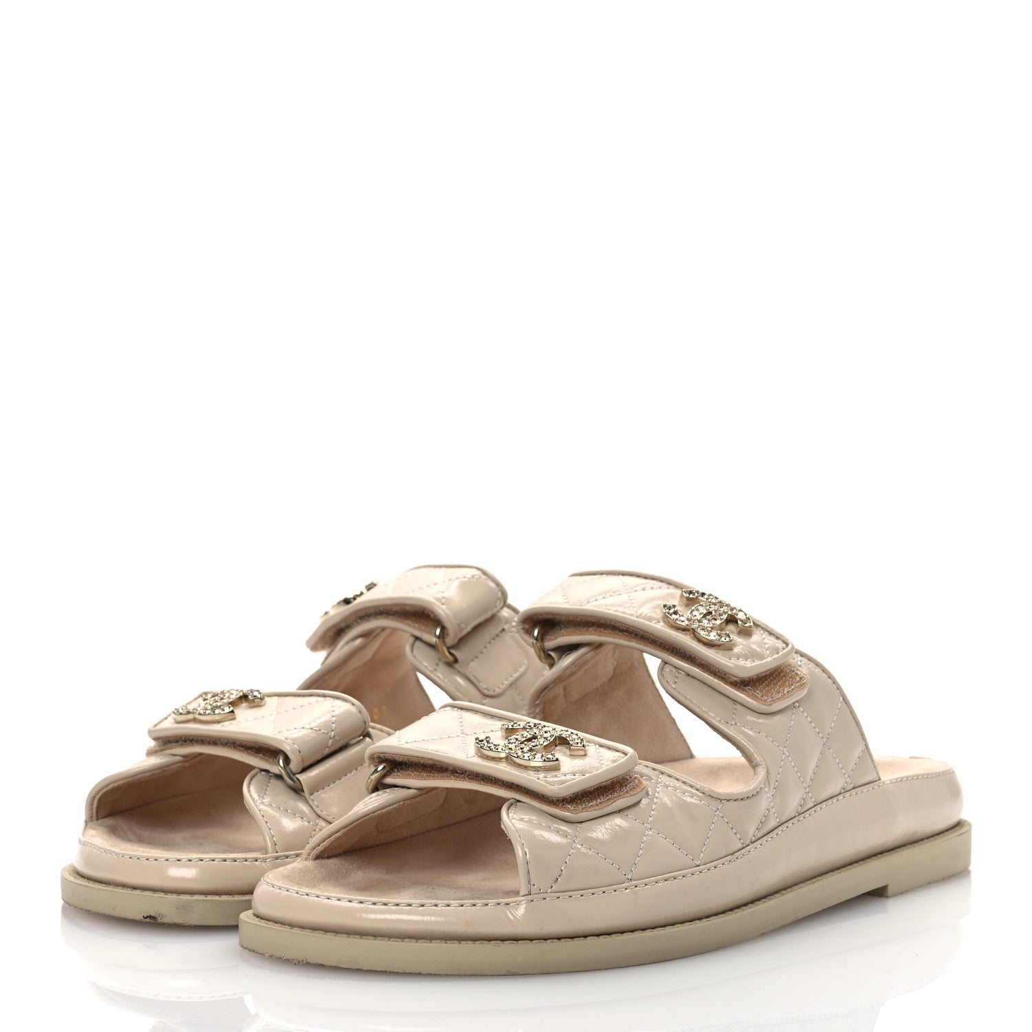 Shiny Calfskin Crystal Quilted Velcro Dad CC Slide Sandals 38 Light Beige