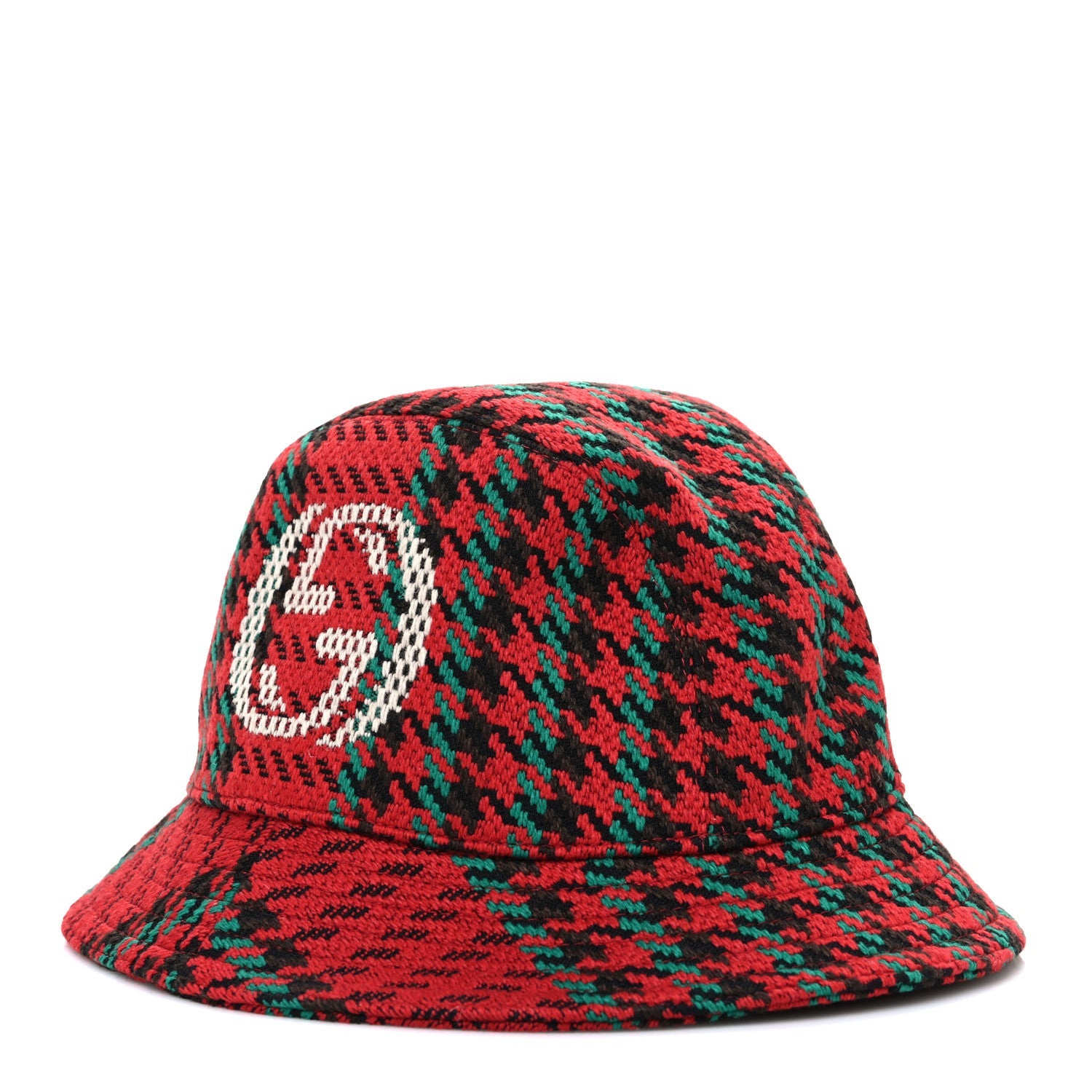 Tweed Wool Houndstooth Interlocking G Bucket Hat M Red Green