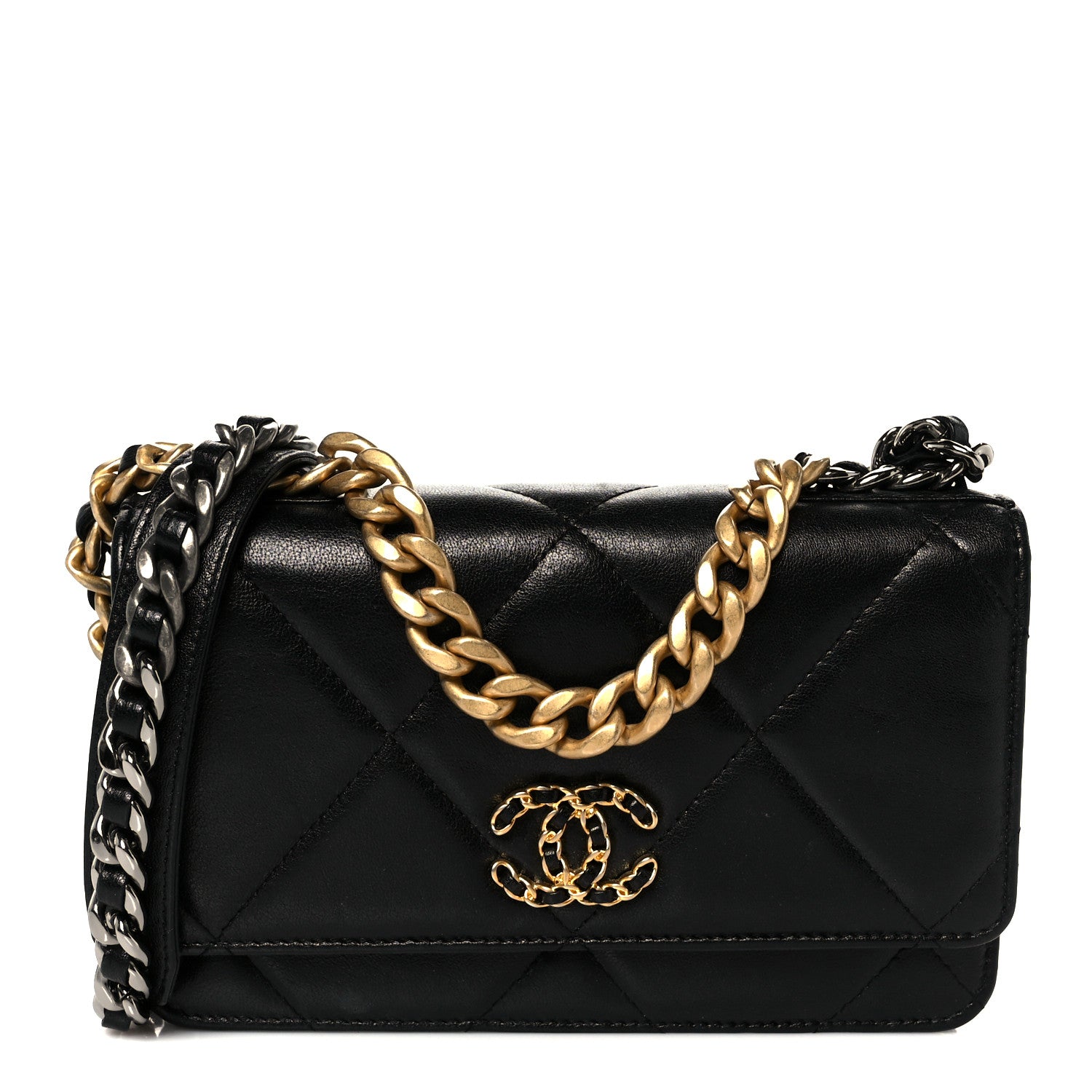 Goatskin Quilted Chanel 19 Wallet On Chain WOC Black