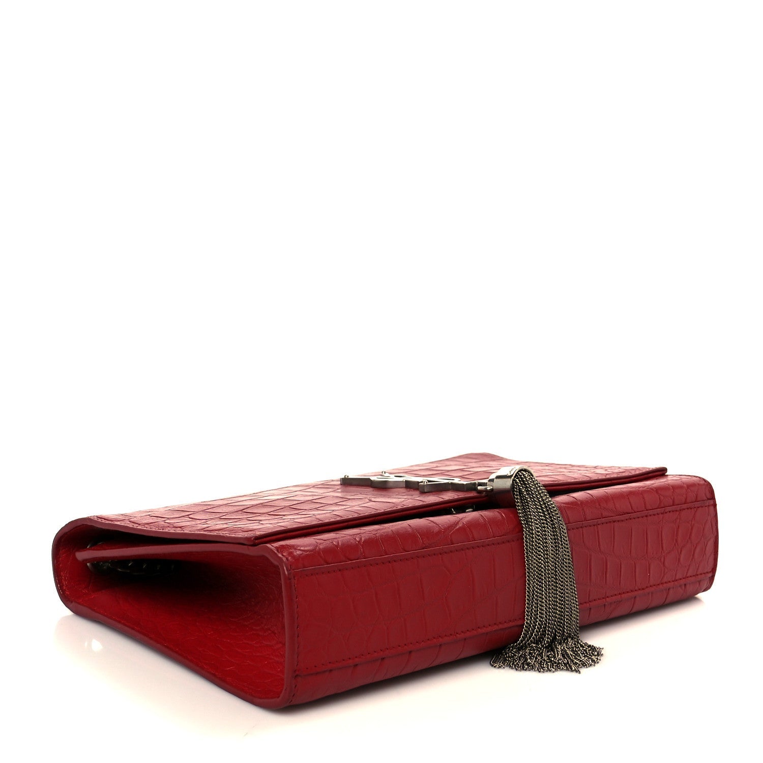 Calfskin Crocodile Embossed Medium Classic Monogram Kate Tassel Satchel New Red