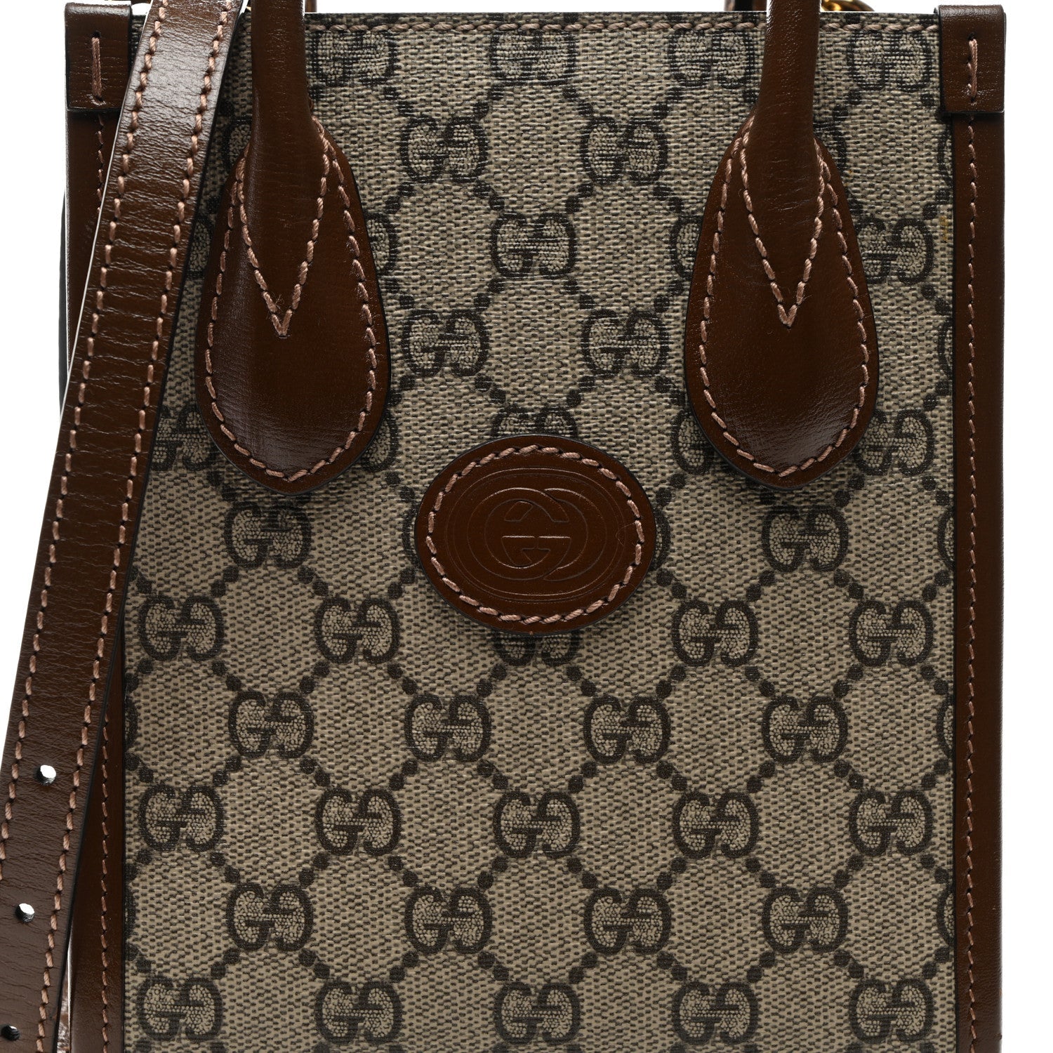 GG Supreme Monogram Azalea Calfskin Mini Retro Interlocking G Tote Bag Beige Ebony Brown Sugar