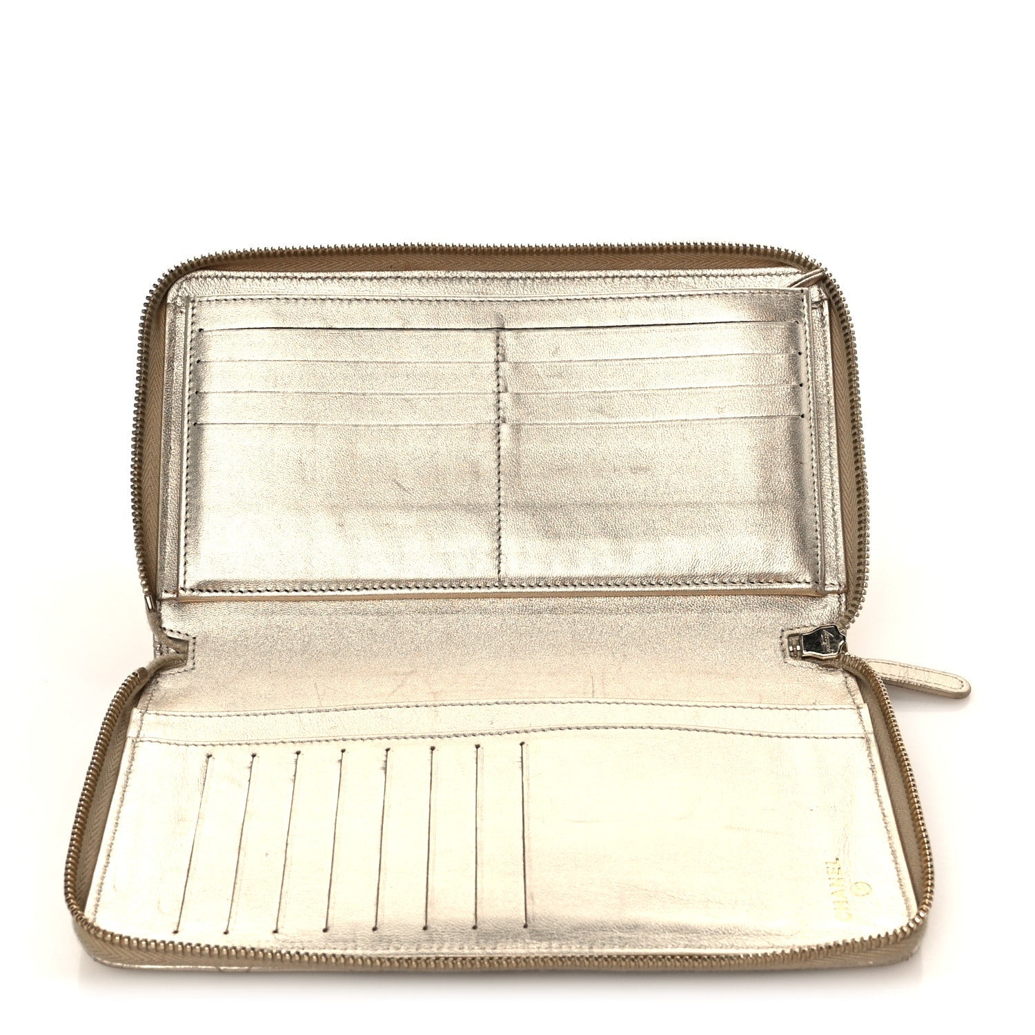 Iridescent Lambskin Quilted Large Zip Around Organizer Wallet Light Gold