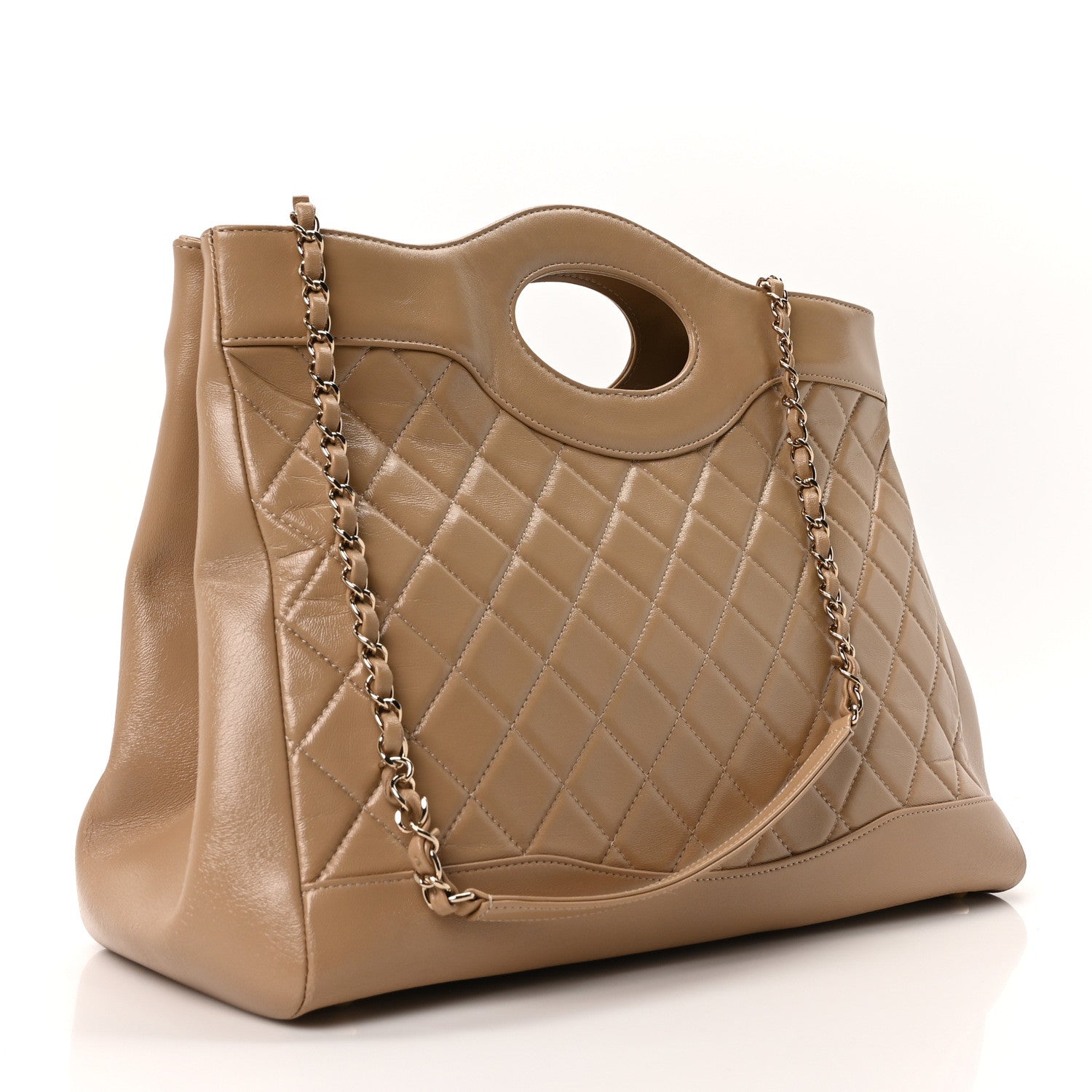 Shiny Crumpled Calfskin Quilted Large 31 Shopping Bag Beige