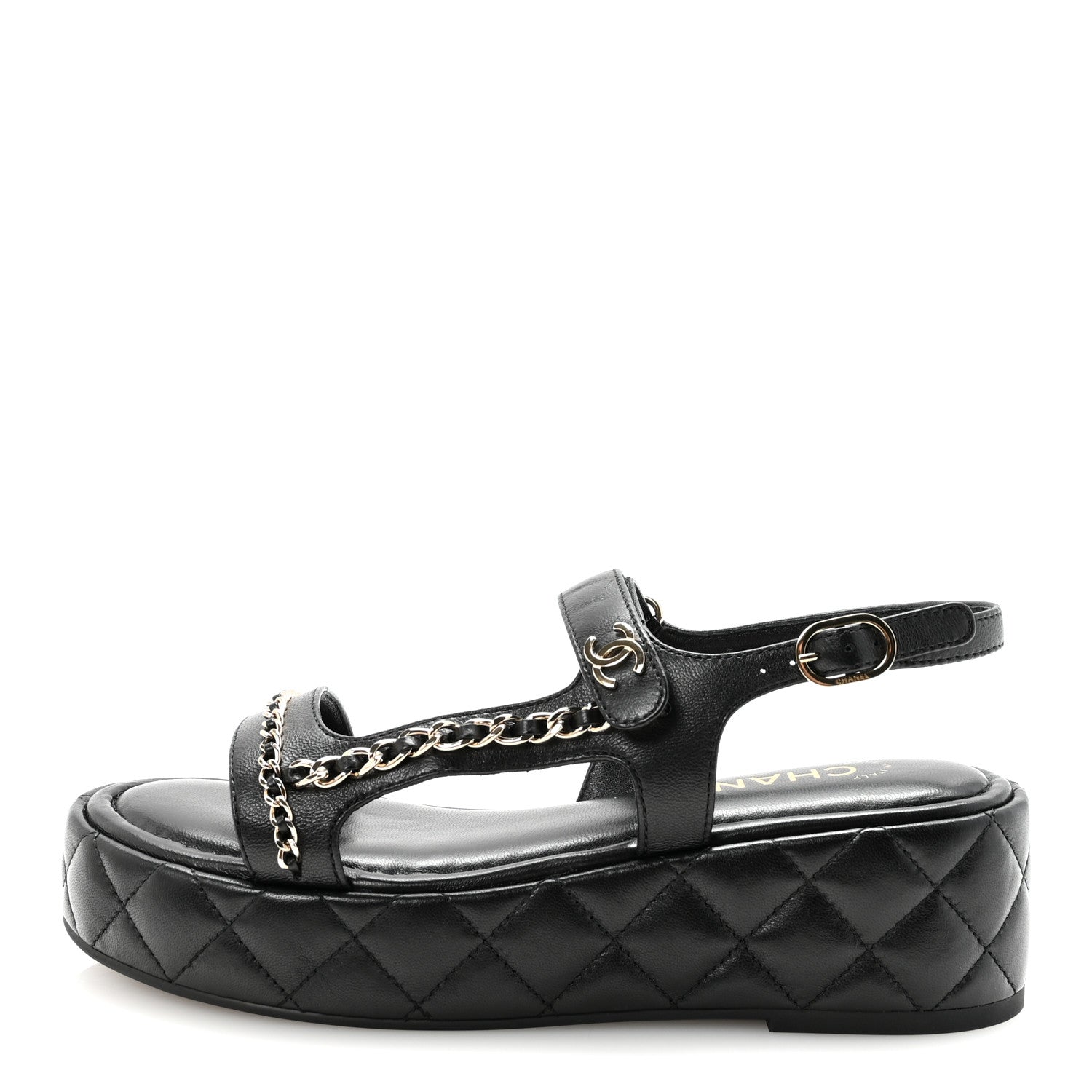 Lambskin Quilted Chain CC Platform Sandals 38.5 Black