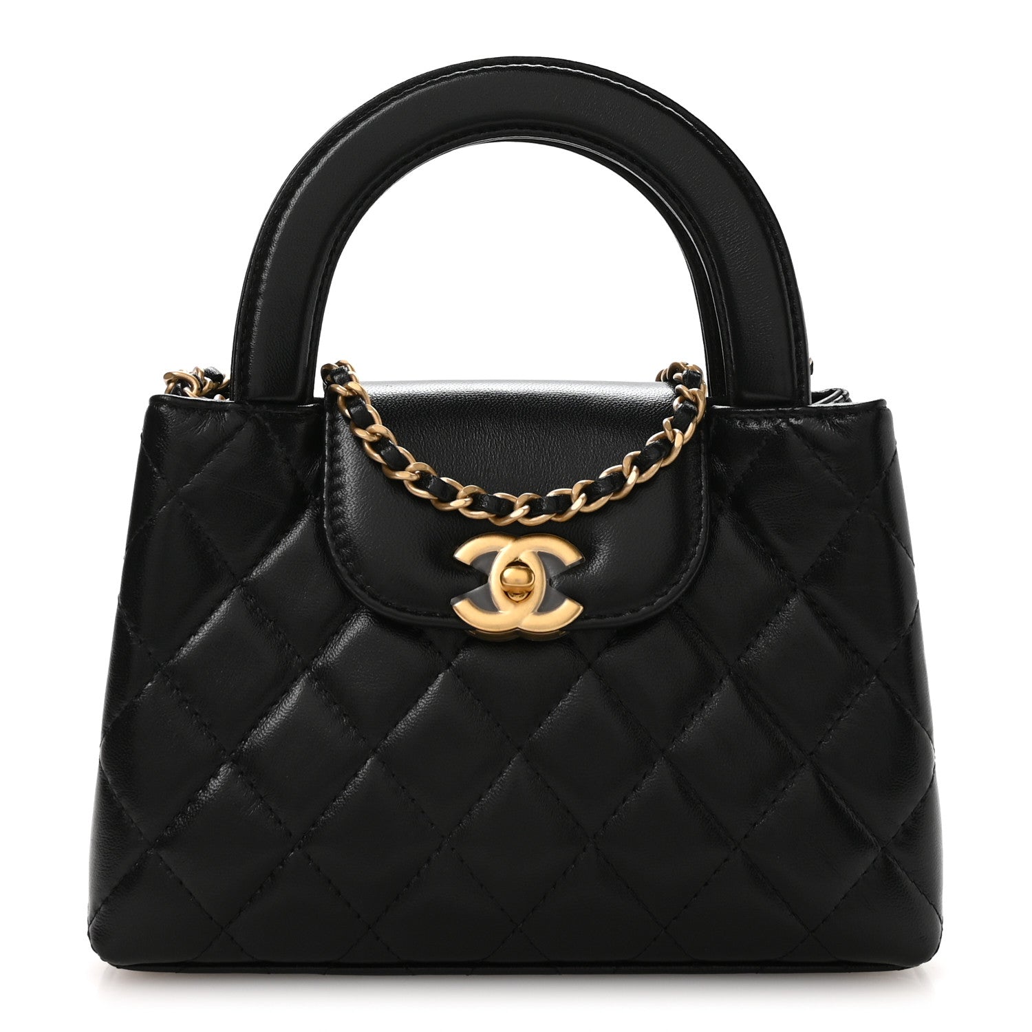 Shiny Aged Calfskin Quilted Nano Kelly Shopper Black