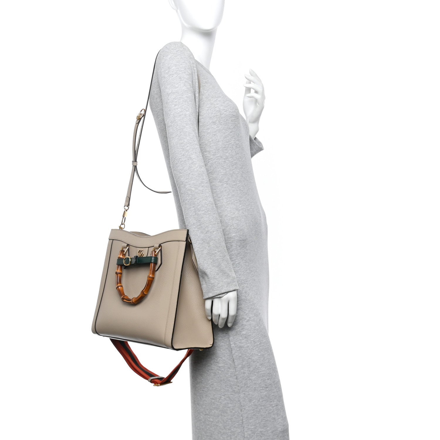 Textured Dollar Calfskin Web Medium Diana Tote Bag Oatmeal Vintage Green