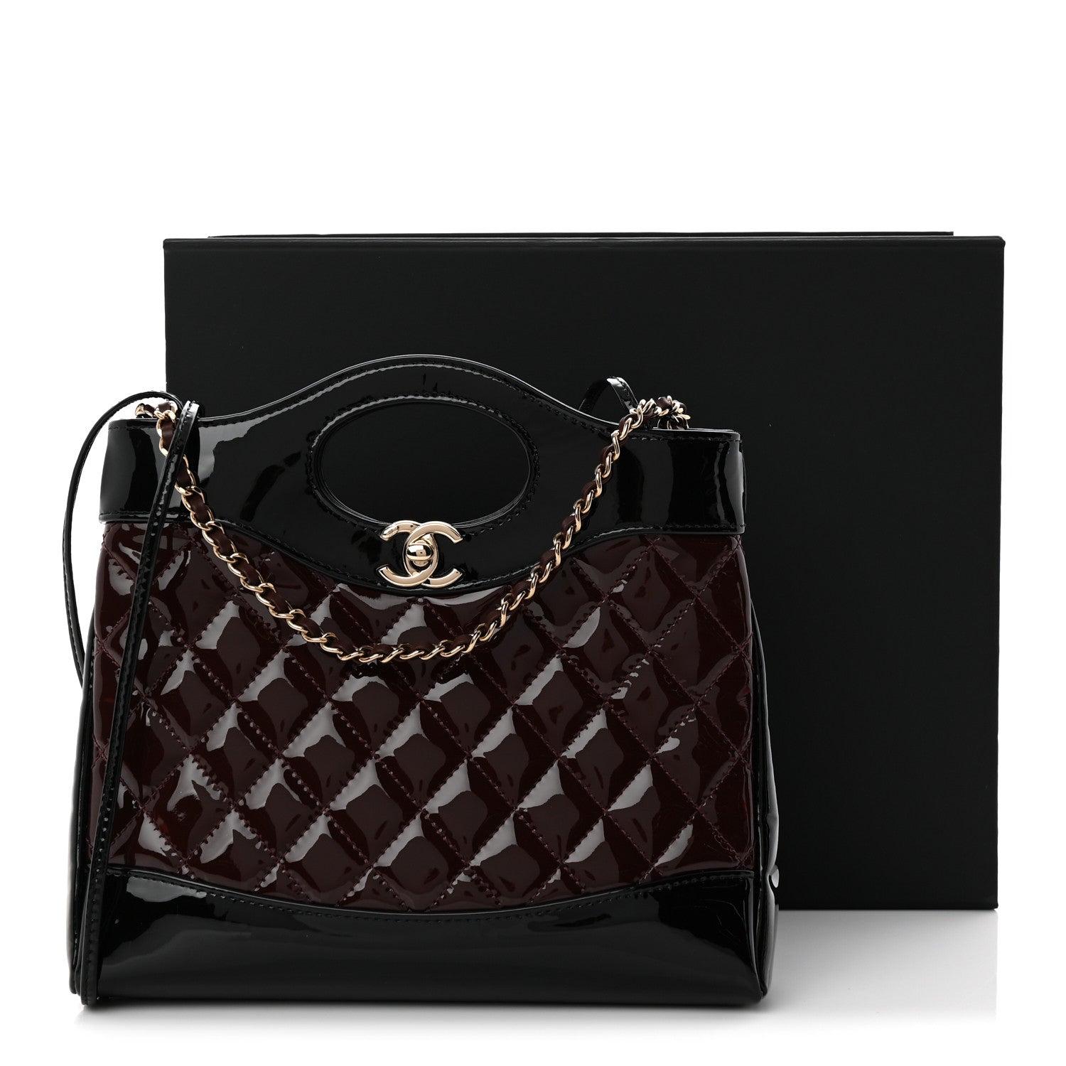 Patent Calfskin Quilted Mini 31 Shopping Bag Burgundy Black