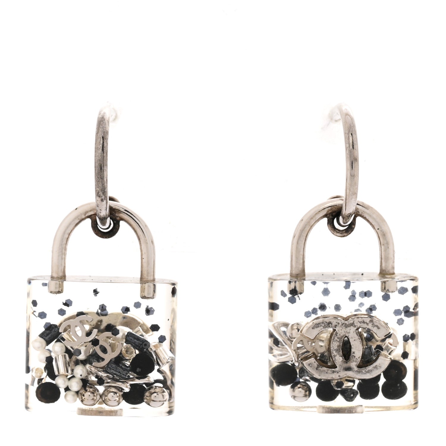Resin Pearl CC Padlock Earrings Grey