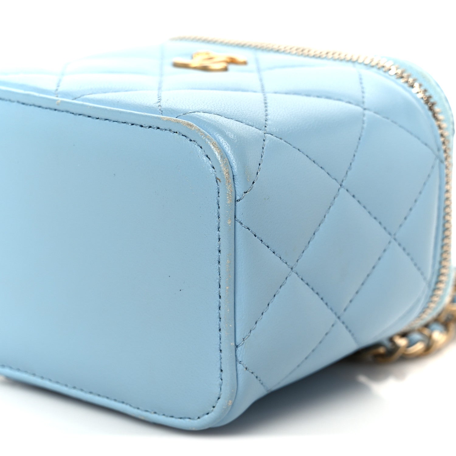 Lambskin Quilted Pearl Crush Mini Vanity Case With Chain Light Blue