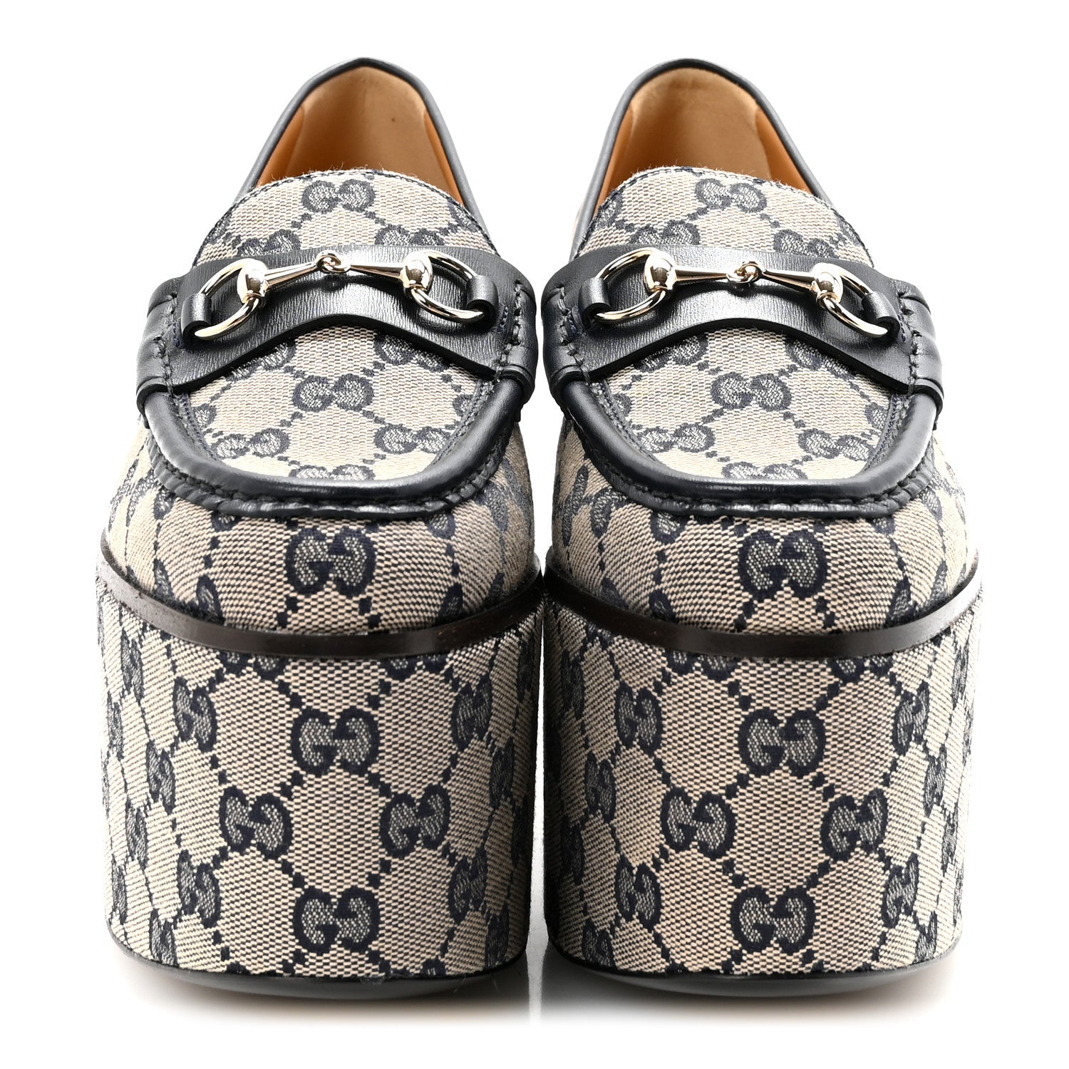 Canvas GG Monogram Horsebit Calfskin Womens Horsebit Platform Loafers 37.5 Beige Blue