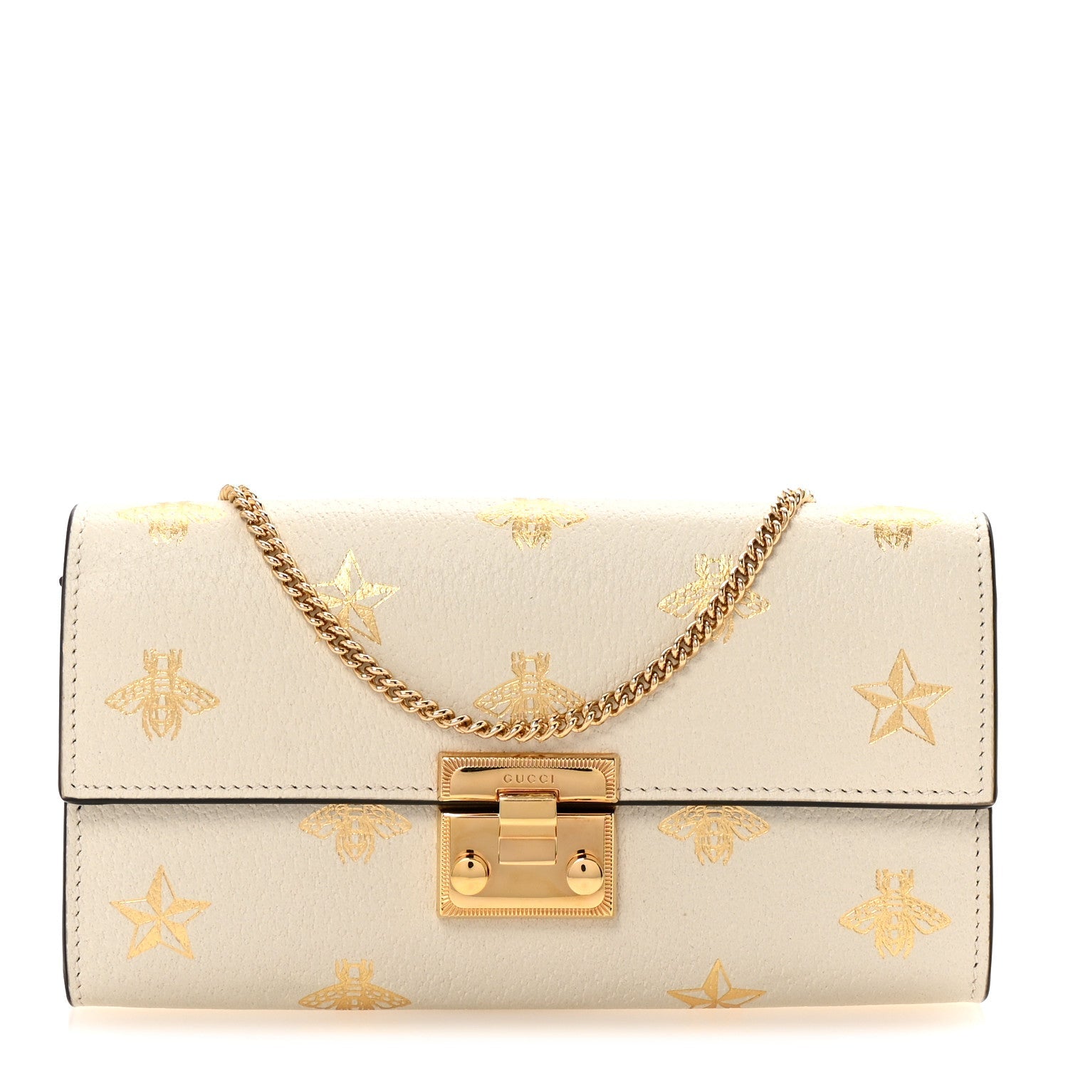 Grained Calfskin Bee Star Continental Chain Wallet White