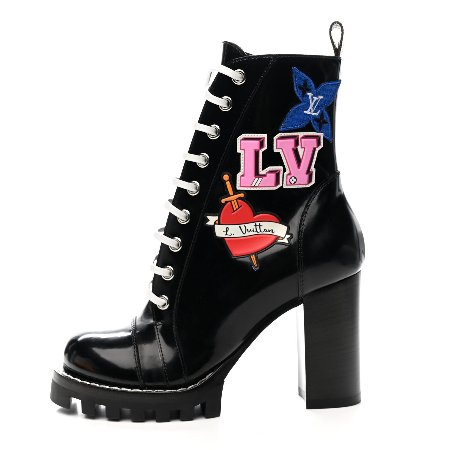 Patent Calfskin Monogram LV Black Heart Star Trail Ankle Boots 35 Black