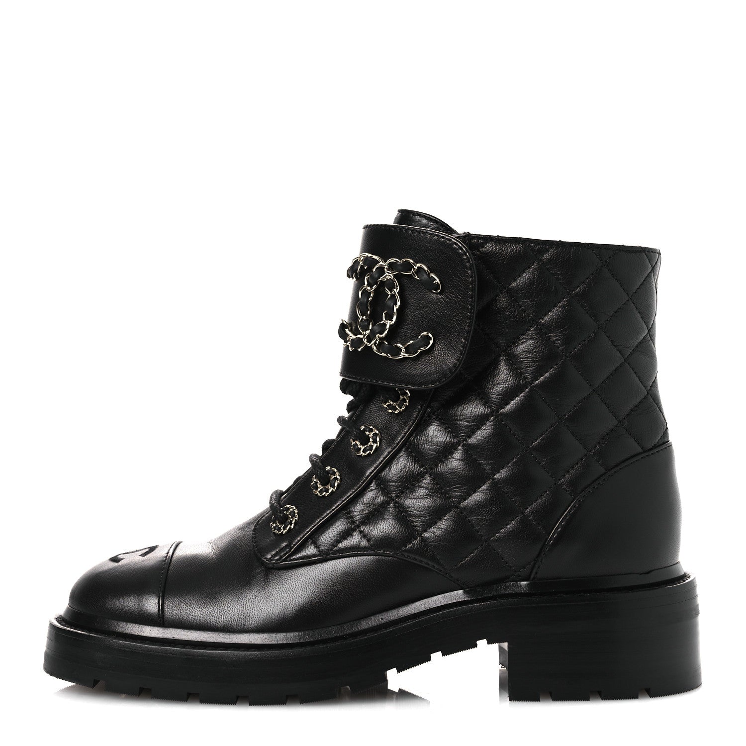 Shiny Lambskin Quilted Lace Up Combat Boots 37 Black
