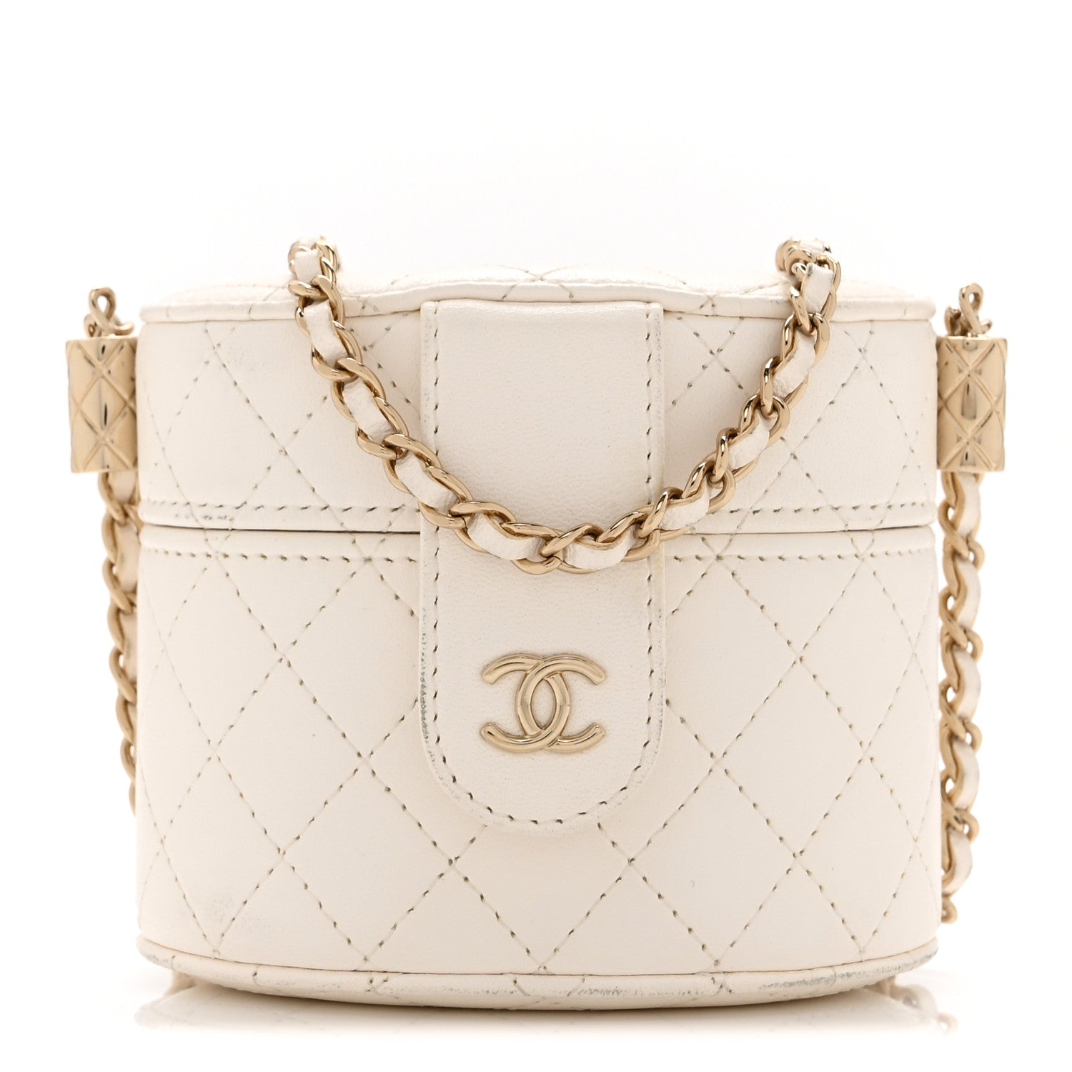 Lambskin Quilted Round Mini Vanity Case With Chain Case With Chain White