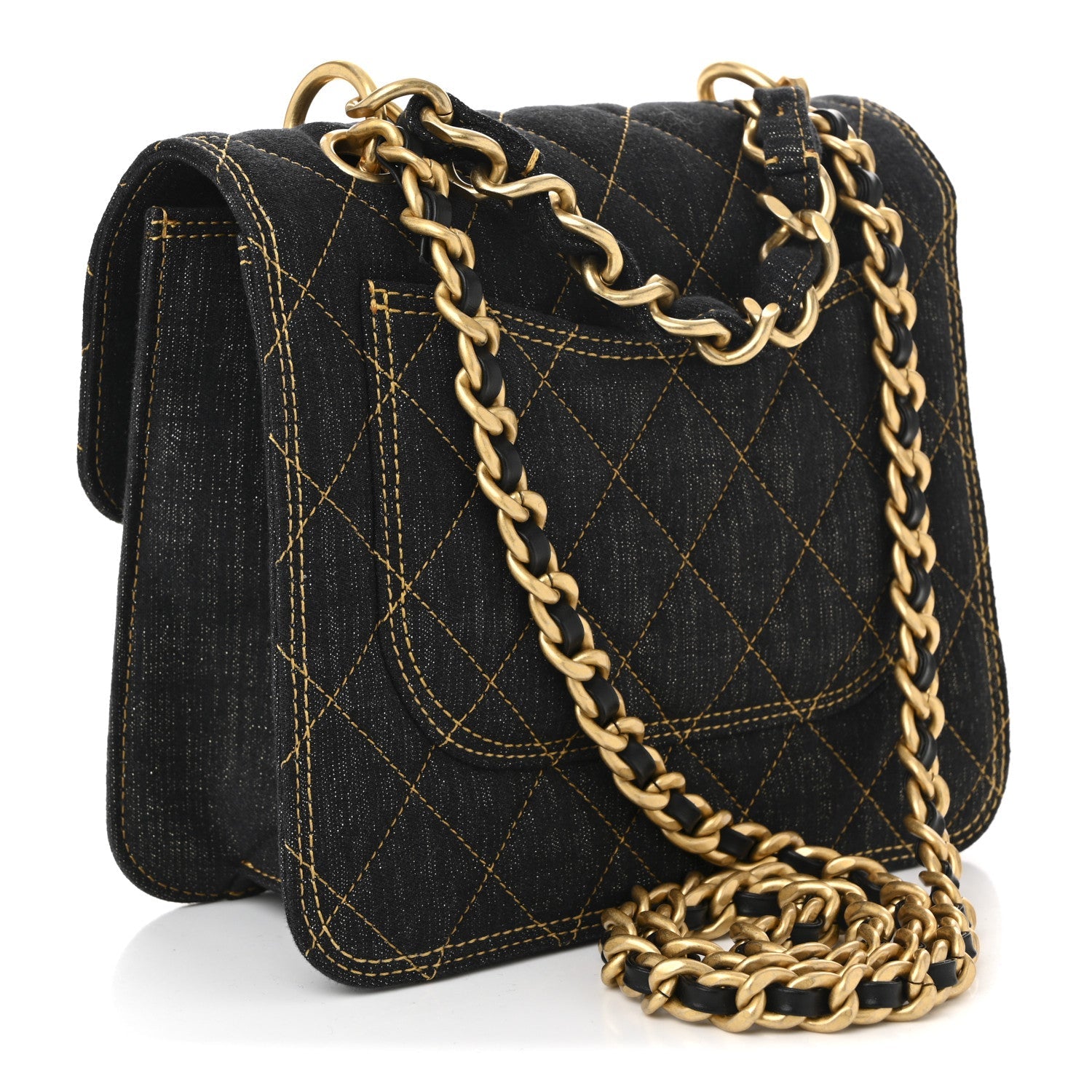 Denim Quilted Double You Mini Flap Black Golden