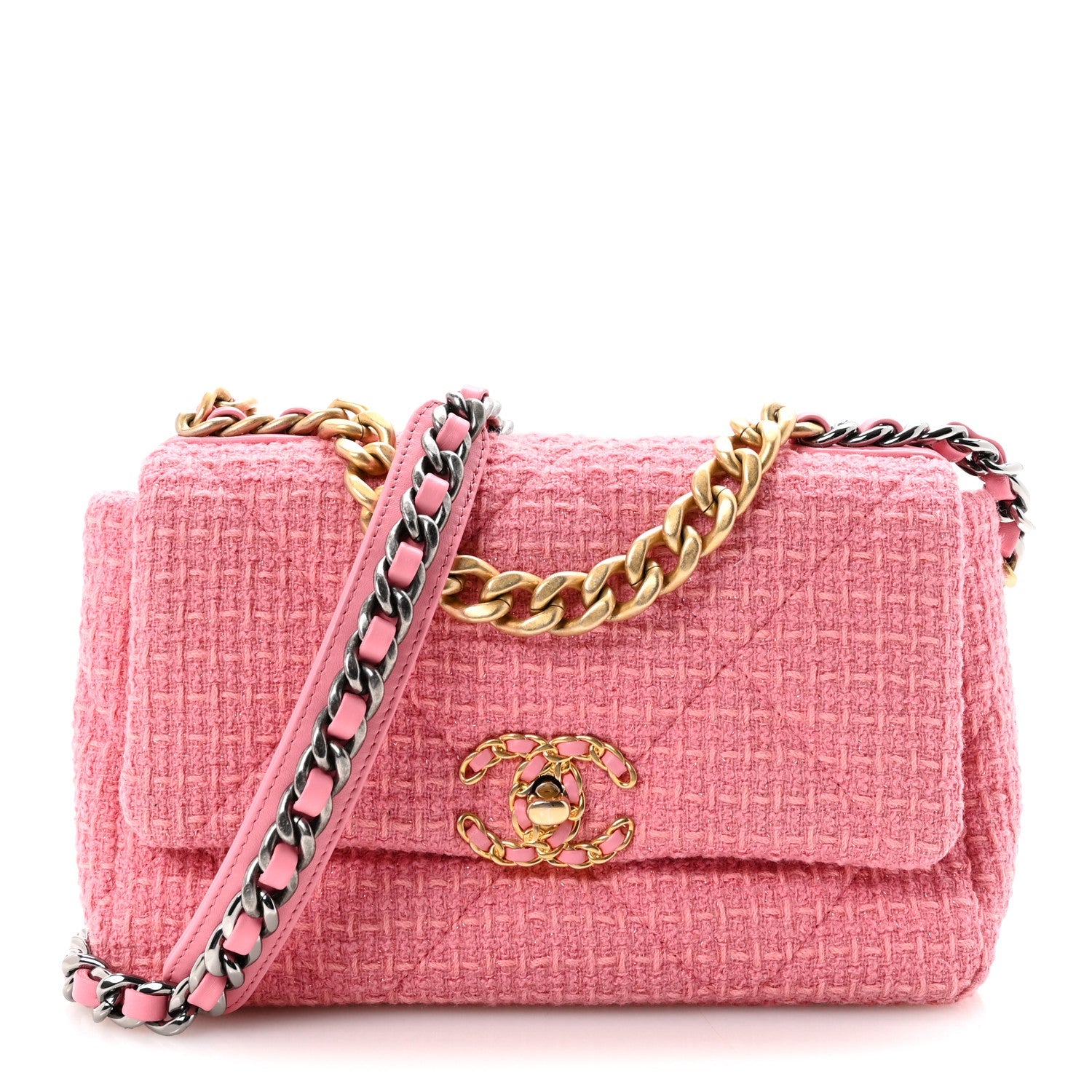 Metallic Tweed Quilted Medium Chanel 19 Flap Pink