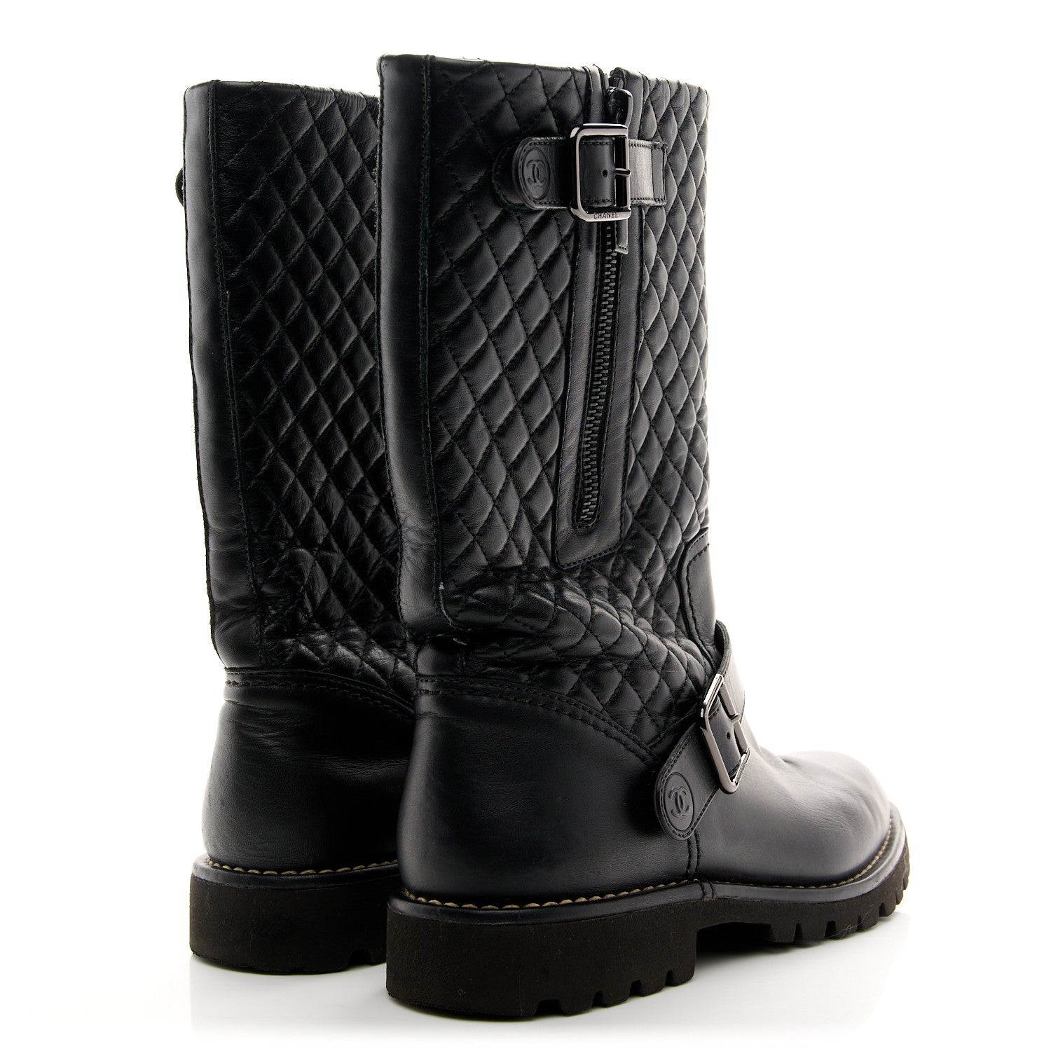 Calfskin Quilted Biker Boots 38.5 Black
