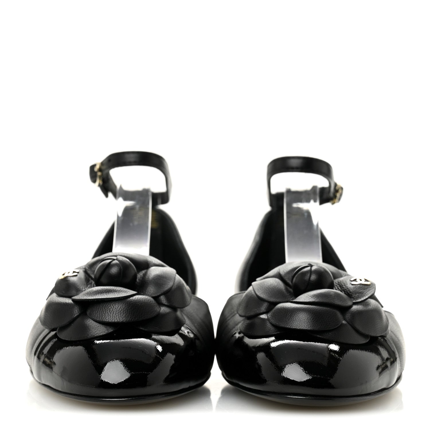 Lambskin Patent Calfskin Cap Toe Camellia Mary Jane Flats 36 Black